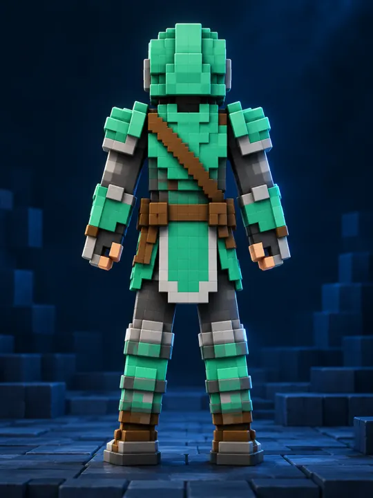 Back view of the emerald voxel fighter