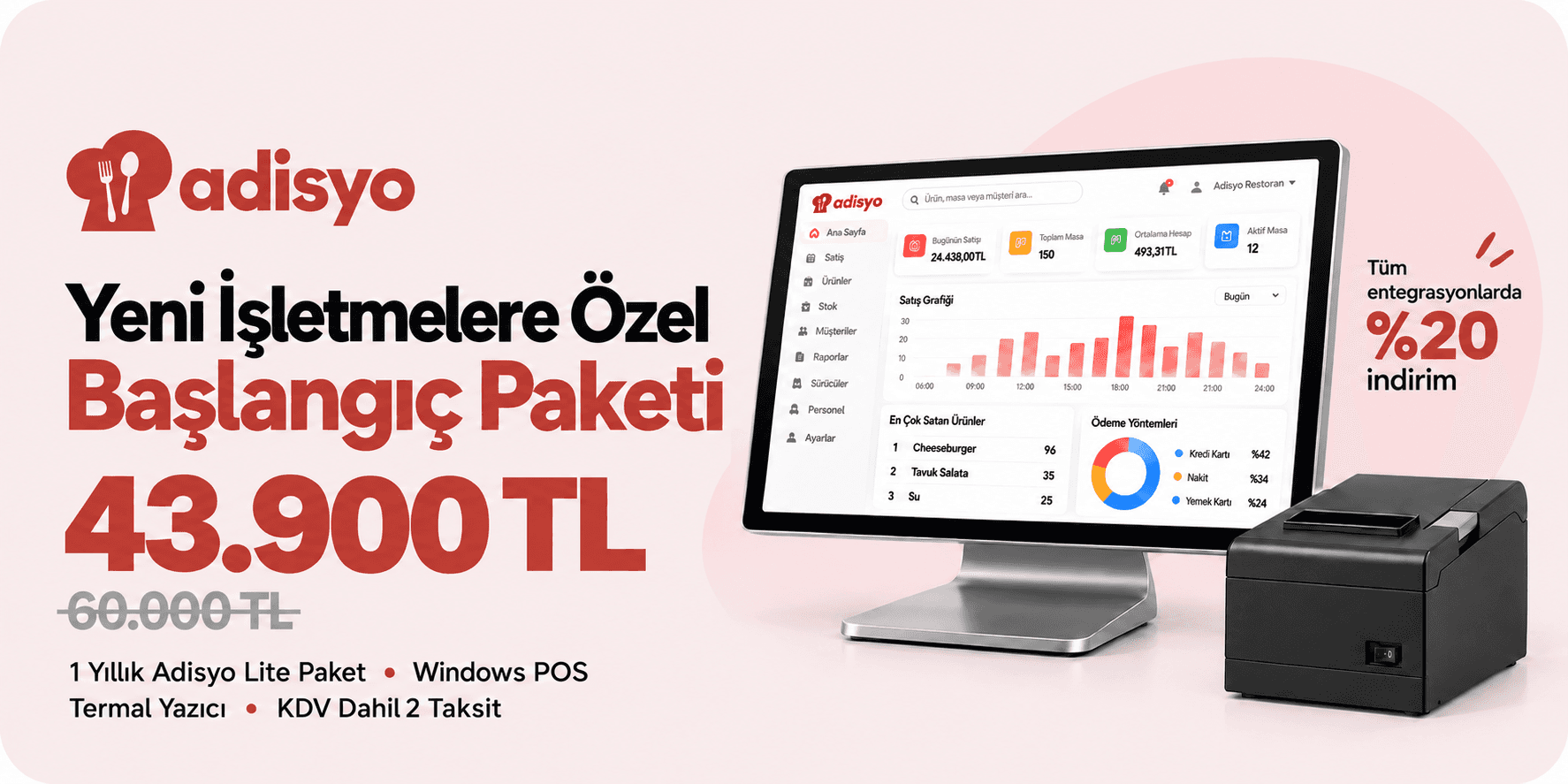 Adisyo Başlangıç Paketi kampanyası: yeni işletmelere özel 43.900 TL (60.000 TL yerine), Windows POS ve termal yazıcı dahil