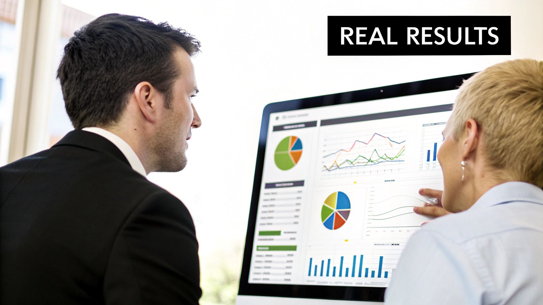 Two business professionals analyze data and charts on a computer screen, demonstrating real results.