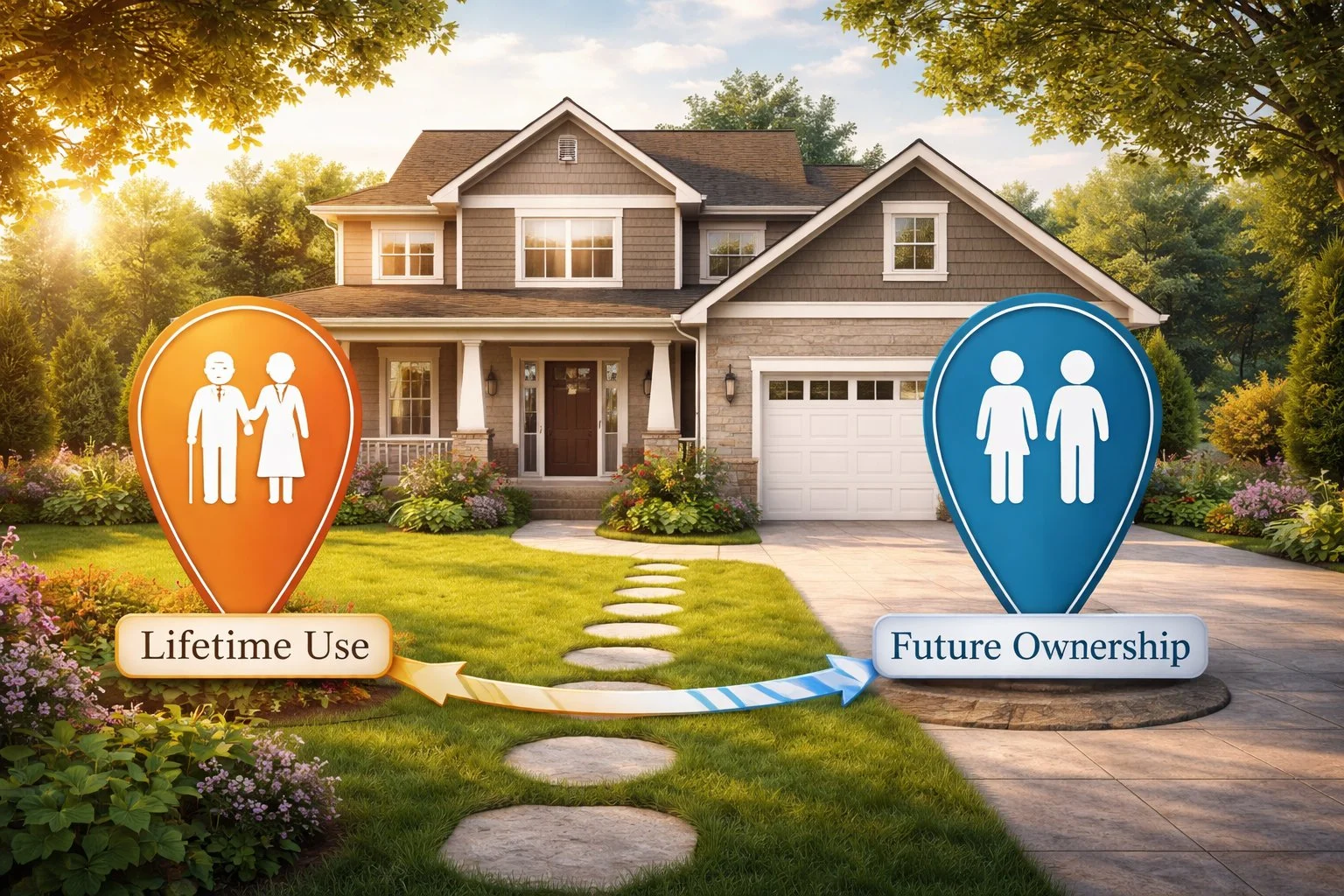 Residential home showing dual ownership concept, with parents retaining lifetime use and future ownership indicated for children along a timeline.