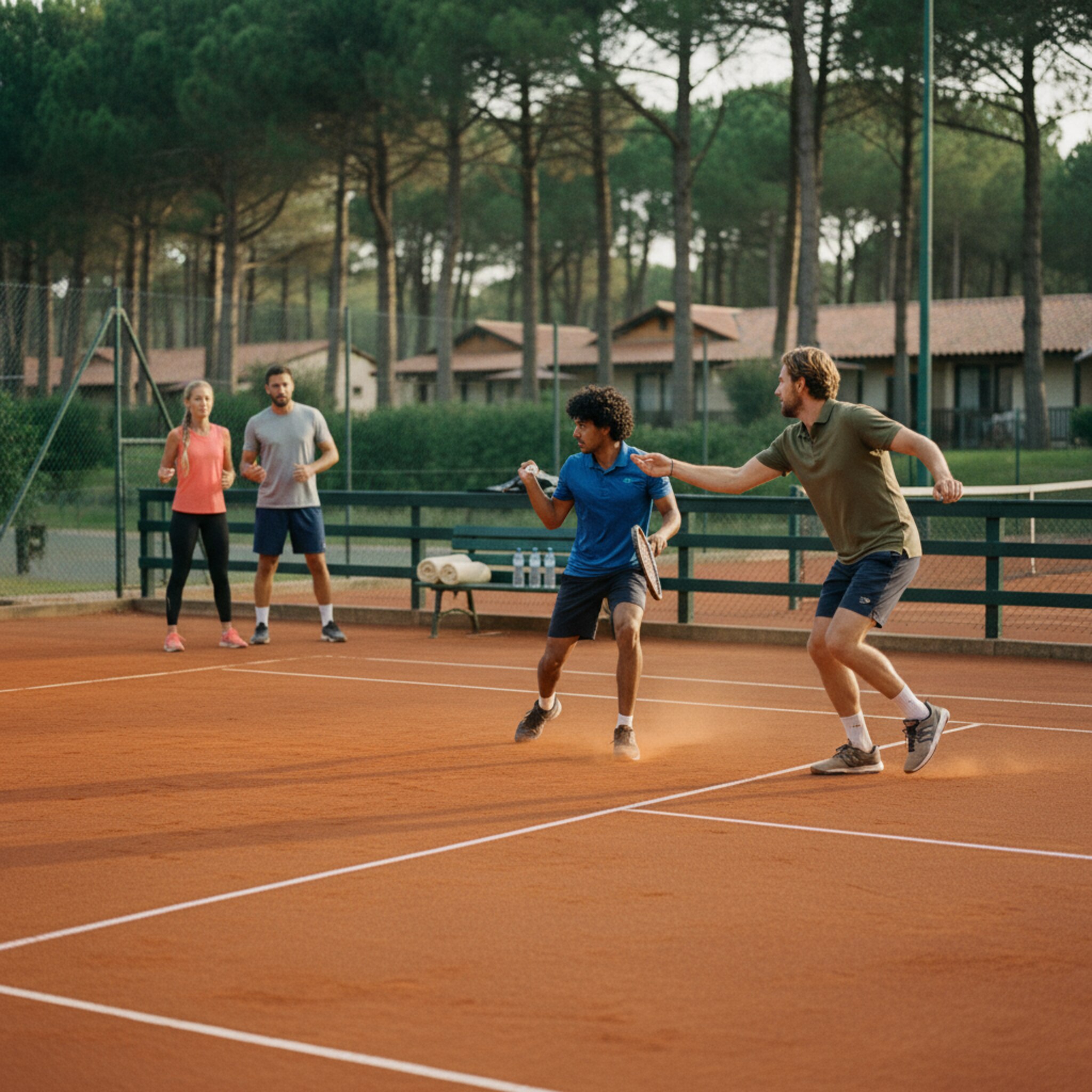 Auf dem Tennisplatz ziehen frische Linien helle Kontraste über den roten Sand. Zwei Spieler schlagen Bälle im Abendlicht, feiner Staub schwebt kurz auf. Hinter dem Zaun wartet ein Paar auf die nächste Runde und streckt sich. Eine Bank im Schatten trägt Wasserflaschen und eingerollte Handtücher.