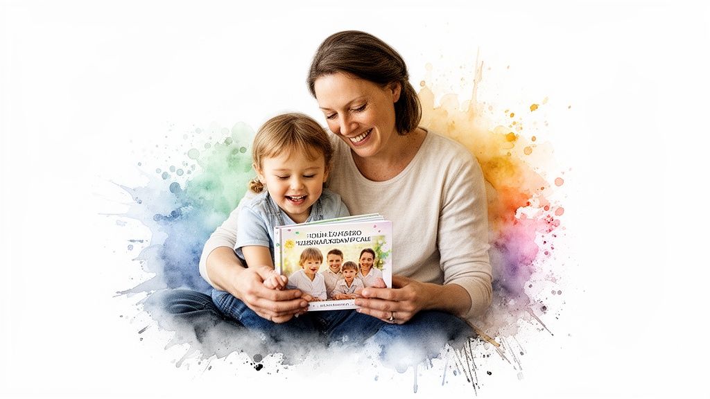 A happy mother and child read a personalized children's book featuring a family photo, surrounded by vibrant watercolor splashes.