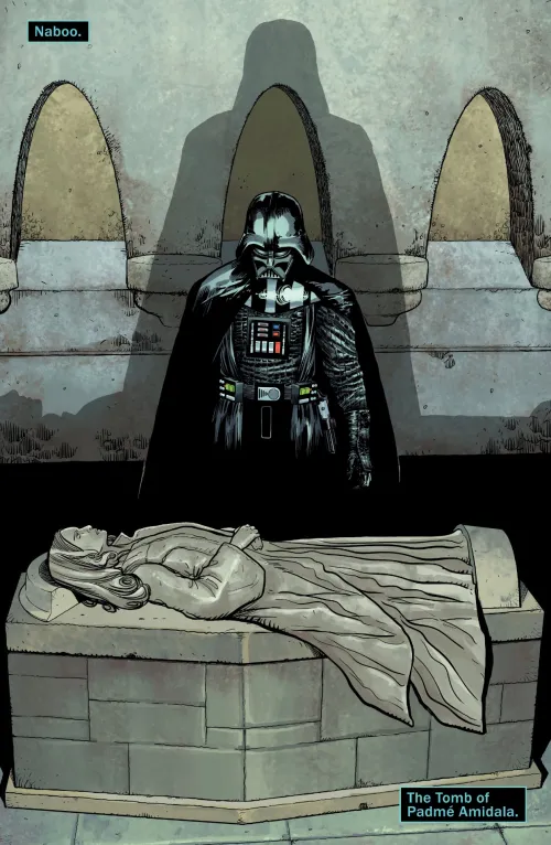 Panel from Marvel's Darth Vader comic series showing Darth Vader at the tomb of Padmé Amidala