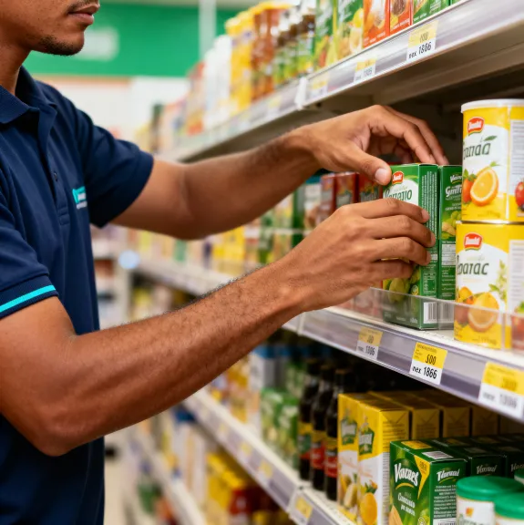 Homem mexendo na prateleira de produtos