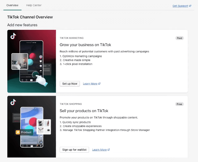 TikTok Channel Overview in Shopify with options to grow your business and sell products on TikTok