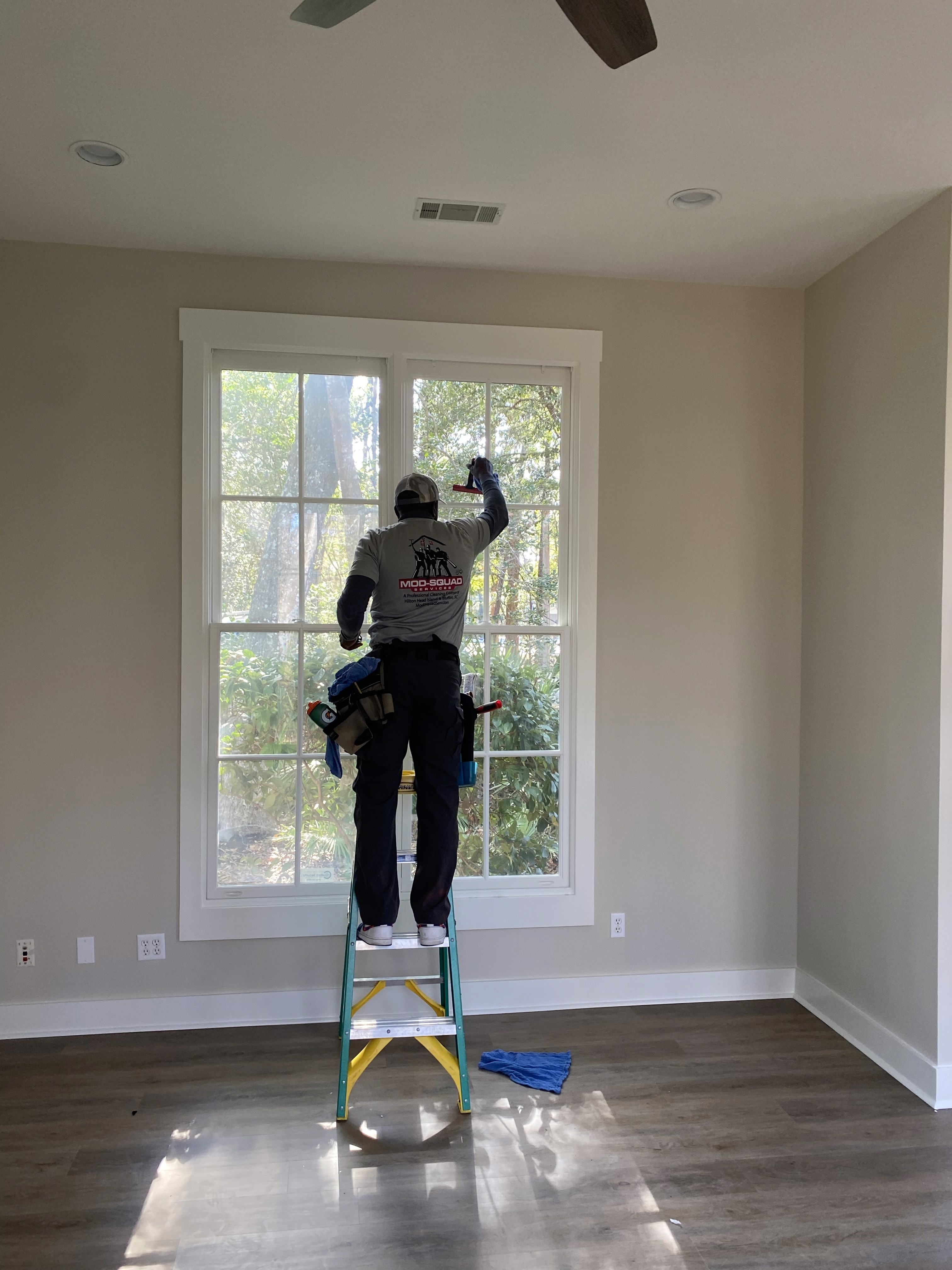 Before and after—residential window in Hilton Head cleaned to a clear, streak-free finish.