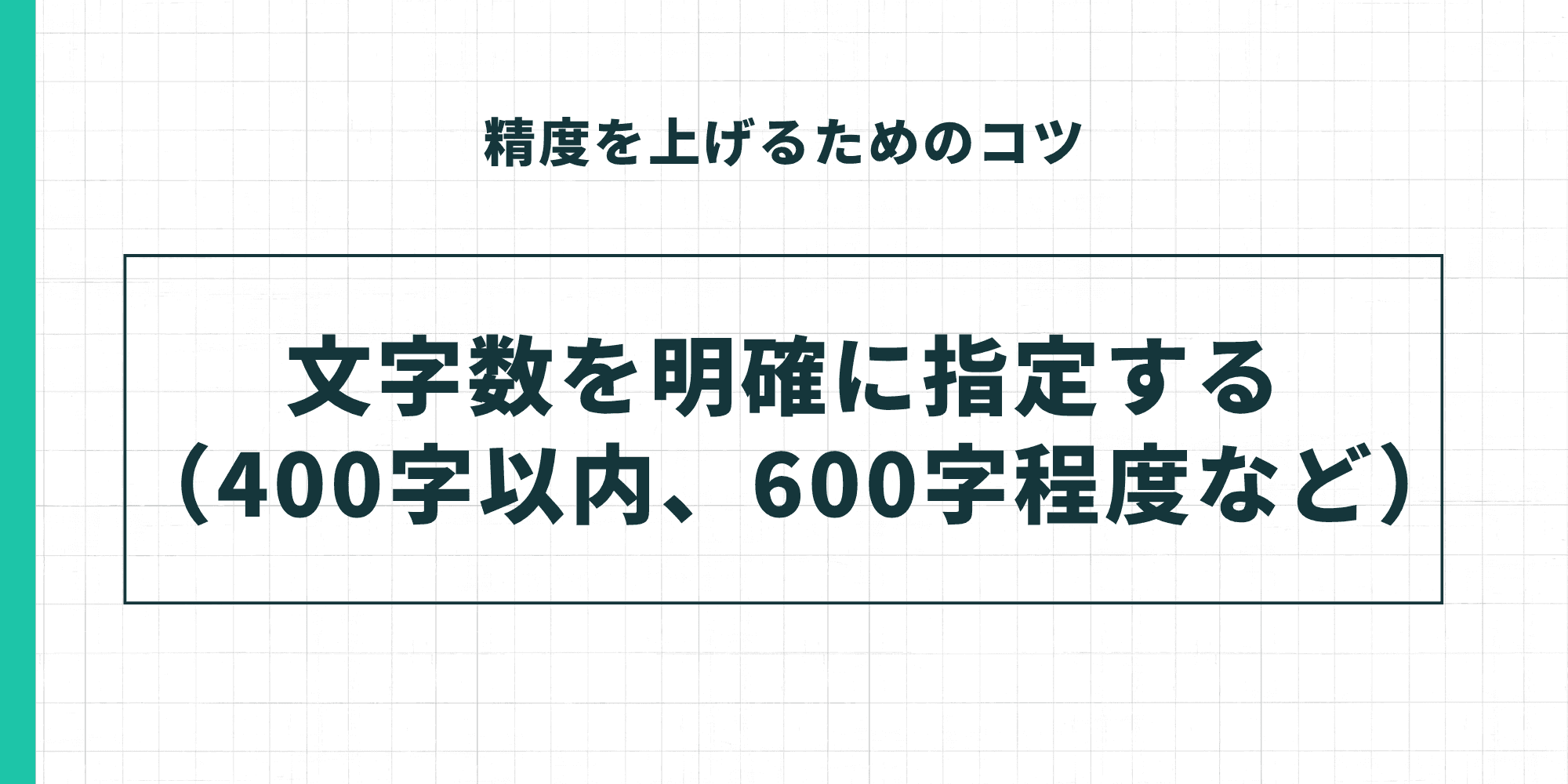「精度を上げるためのコツ」として、「文字数を明確に指定する(400字以内、600字程度など)」という具体的な指示出しの重要性を強調したスライド。