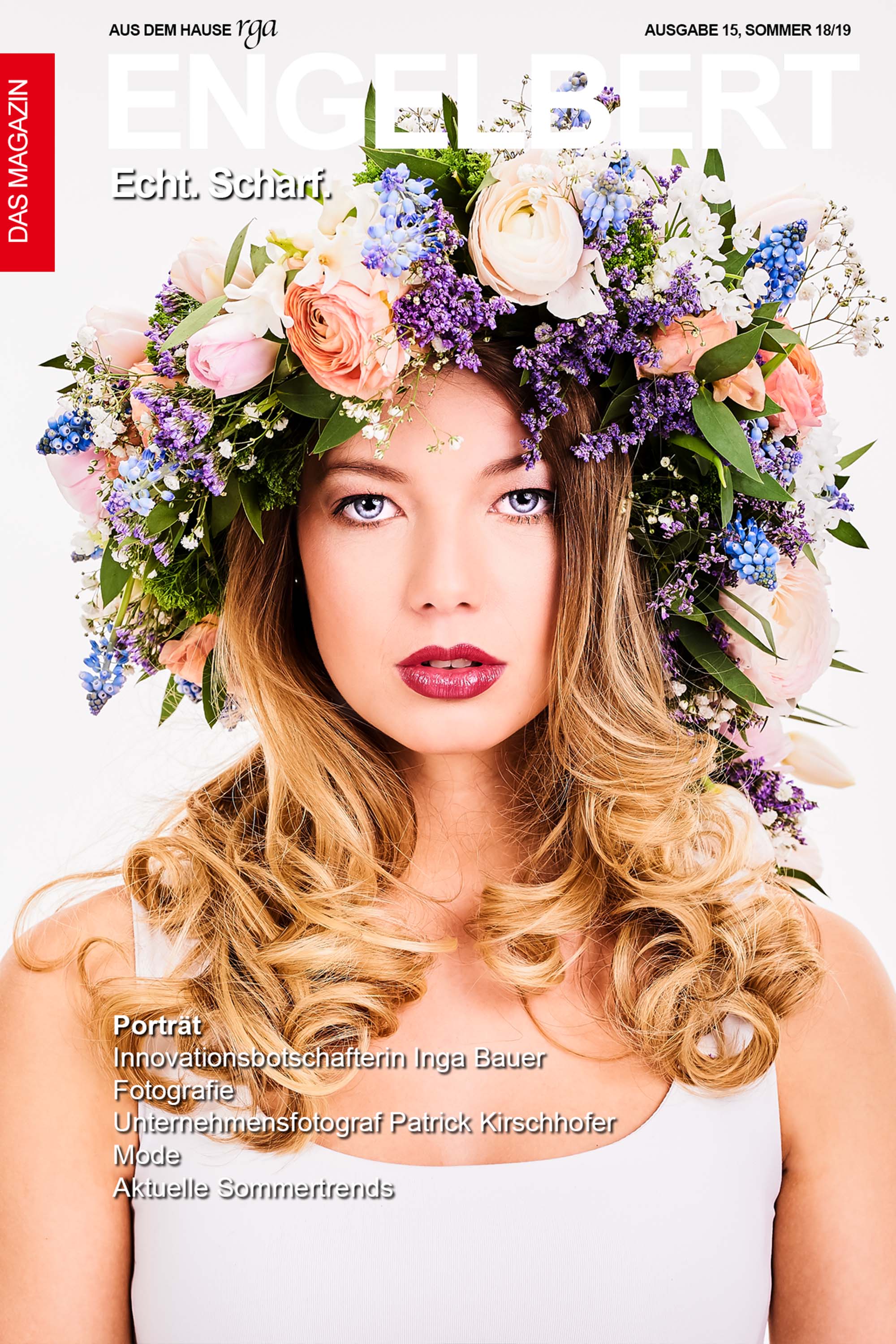 Cover des Engelbert Magazins Sommer 18/19 mit einem Portrait einer Frau mit Blumenkranz von Patrick Kirschhofer.