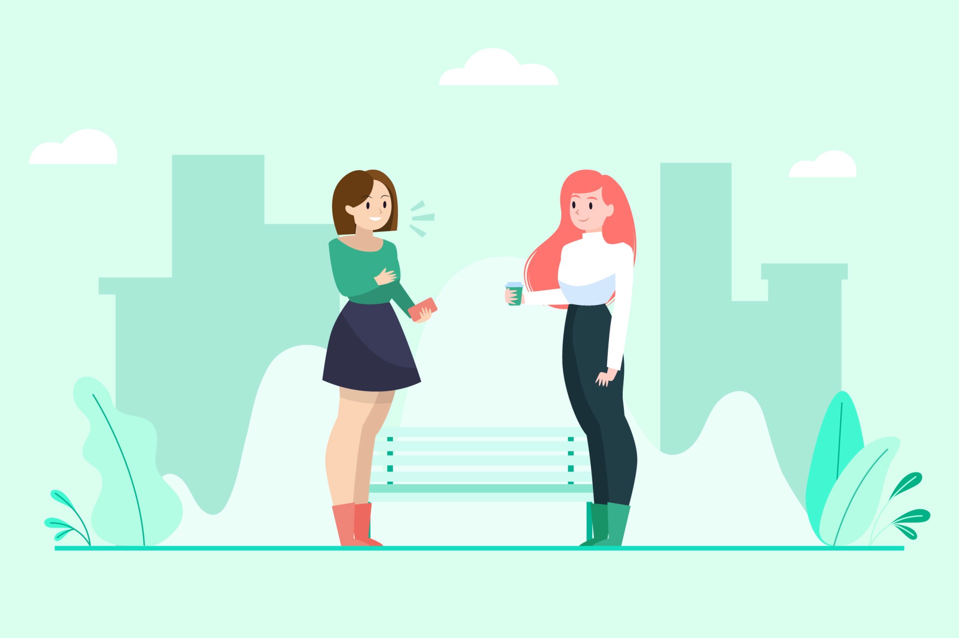 Ilustración de dos mujeres conversando en un parque para abbvie
