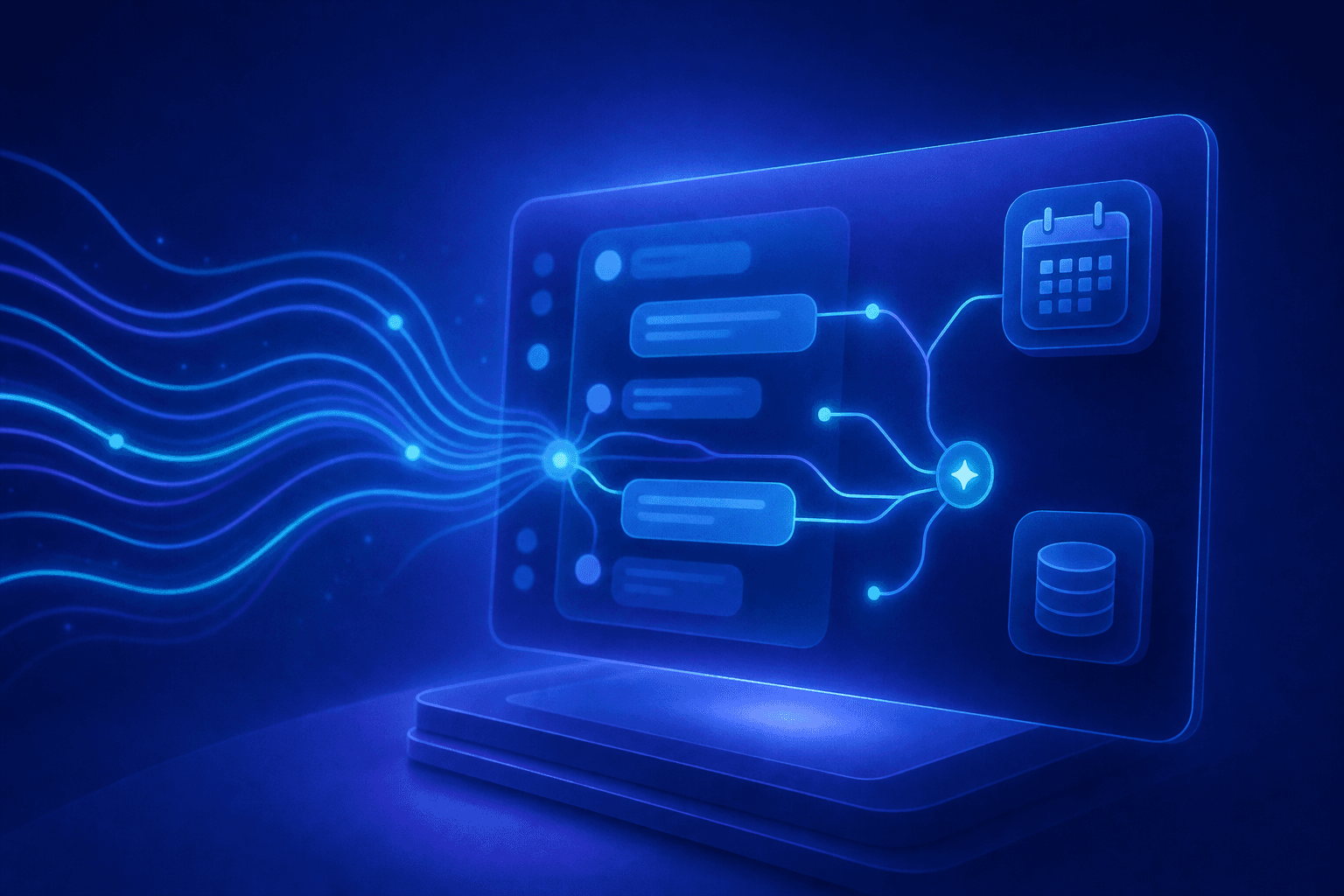 A sleek futuristic illustration of an AI-powered conversation interface on a glowing screen, with abstract flowing lines representing real-time reasoning and decision pathways branching organically like a neural network, connected nodes lighting up in sequence transitioning into a calendar booking and a CRM database icon, depicted in a dark blue and electric teal color palette with a clean modern aesthetic, no text, no labels, no words