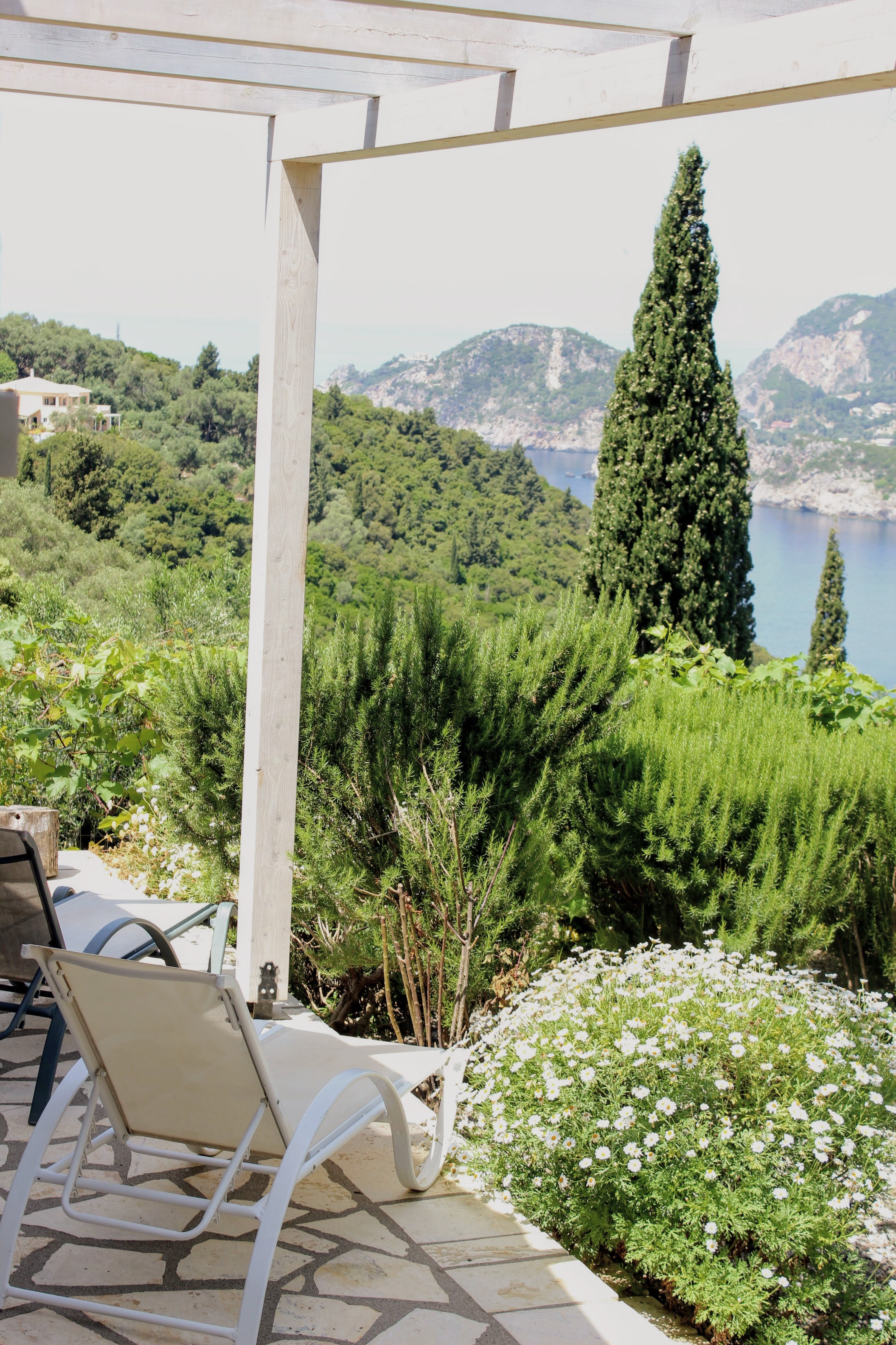 Terrace of Villa Kalivi in Liapades with pergola and sea view over the Ionian Sea