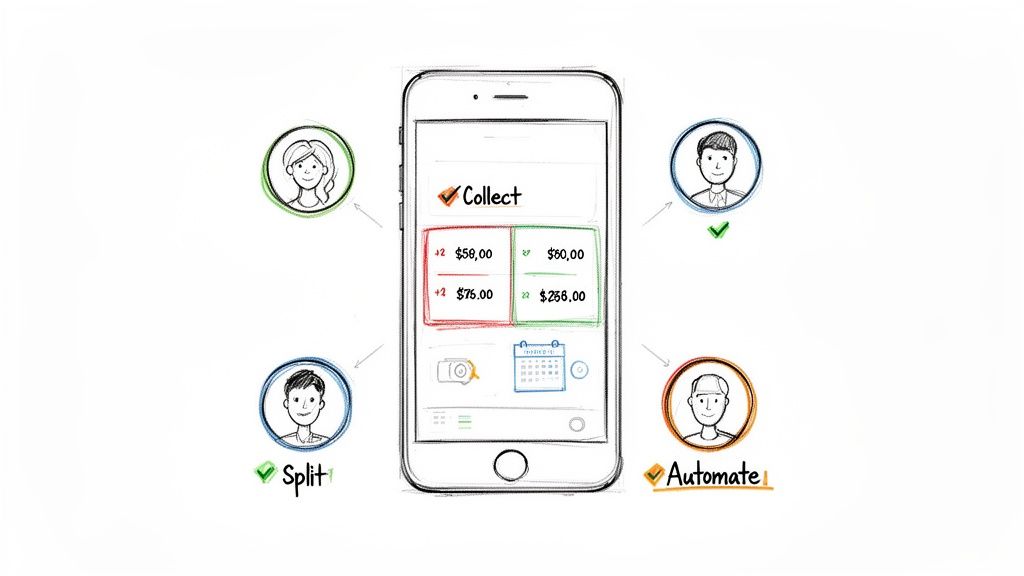 A hand-drawn illustration of a smartphone app for collecting, splitting, and automating payments among users.