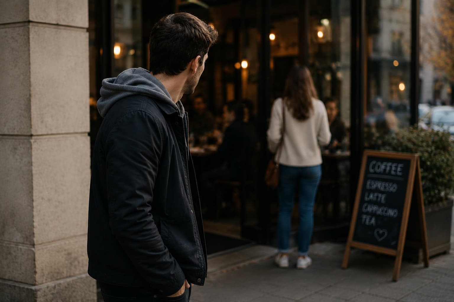 mann sieht zu einer frau, er steht vor einem caffee