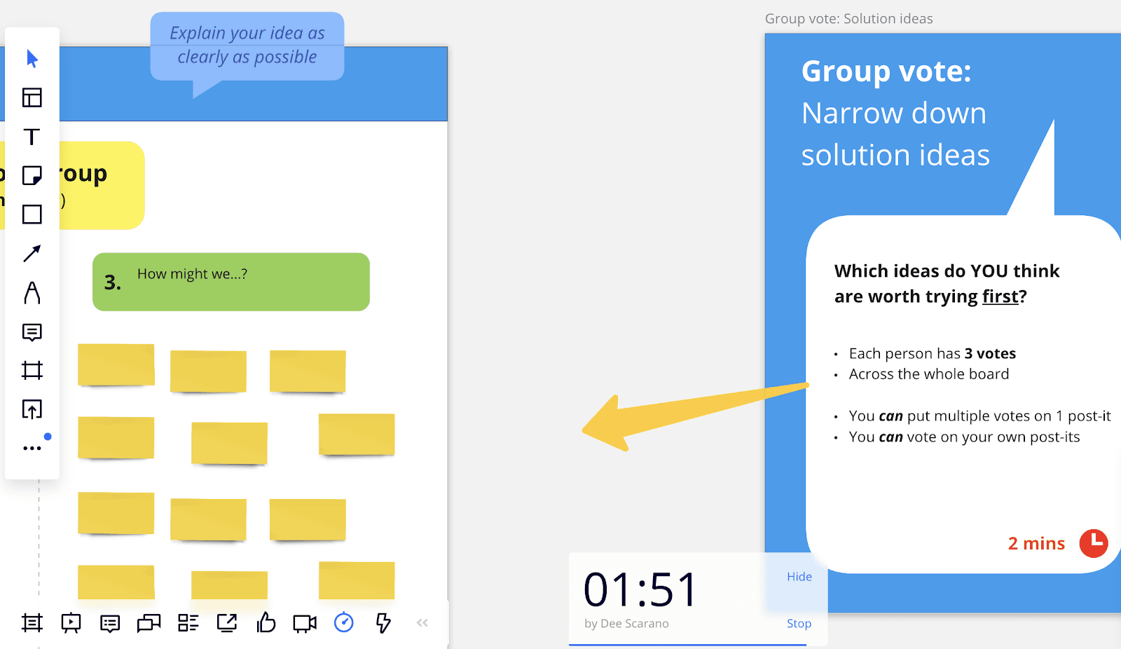 Miro workshop board with sticky notes, How Might We prompts, and a timed group voting exercise