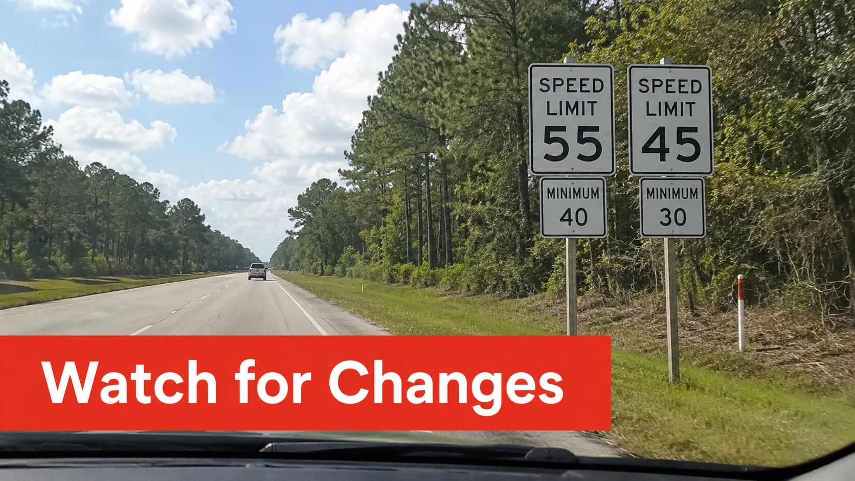 Dual speed limit and minimum speed limit road signs posted on a rural highway near trees.