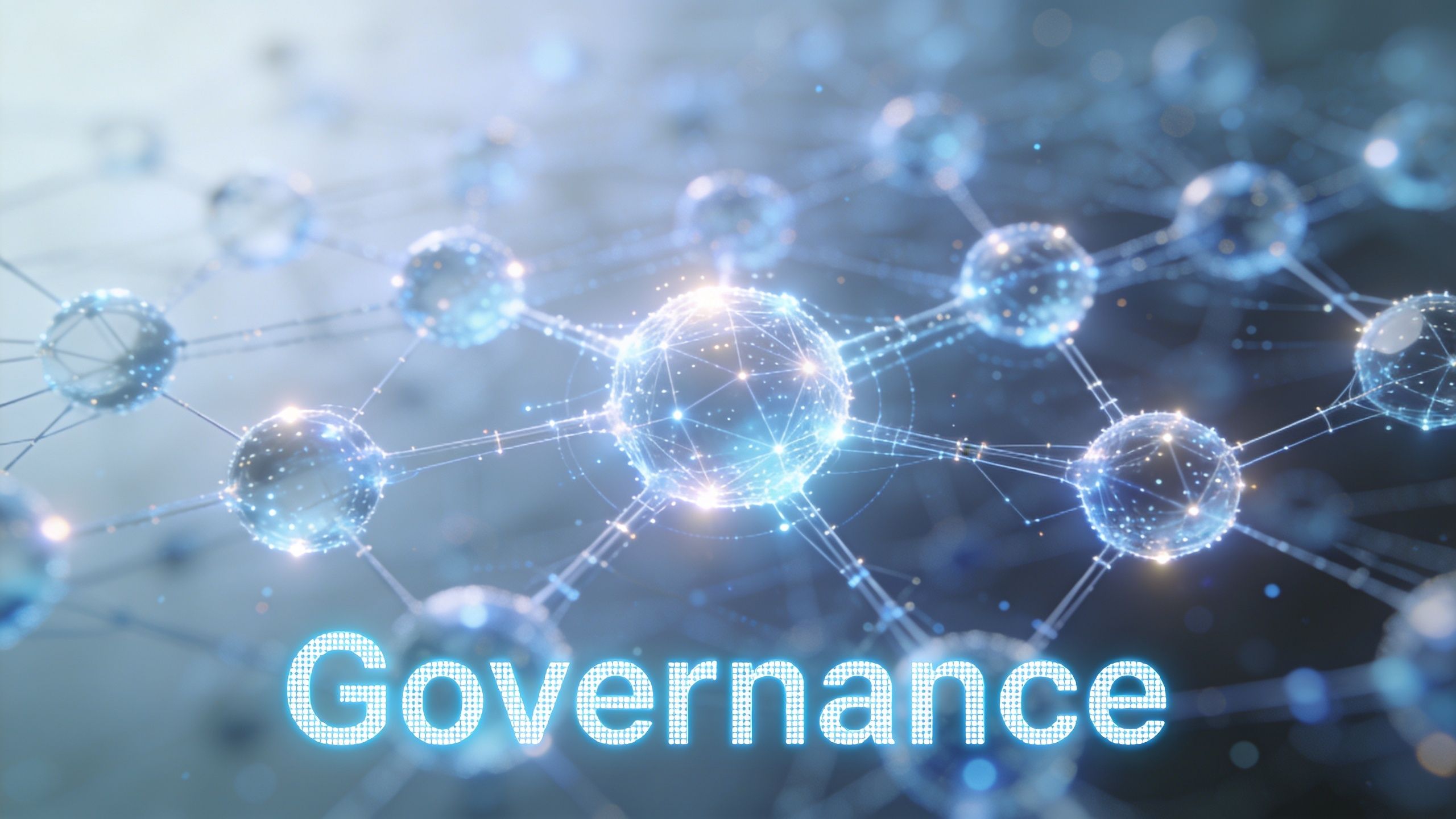 A glowing digital network graphic with interconnected spheres representing a modern concept of governance and technology connectivity.