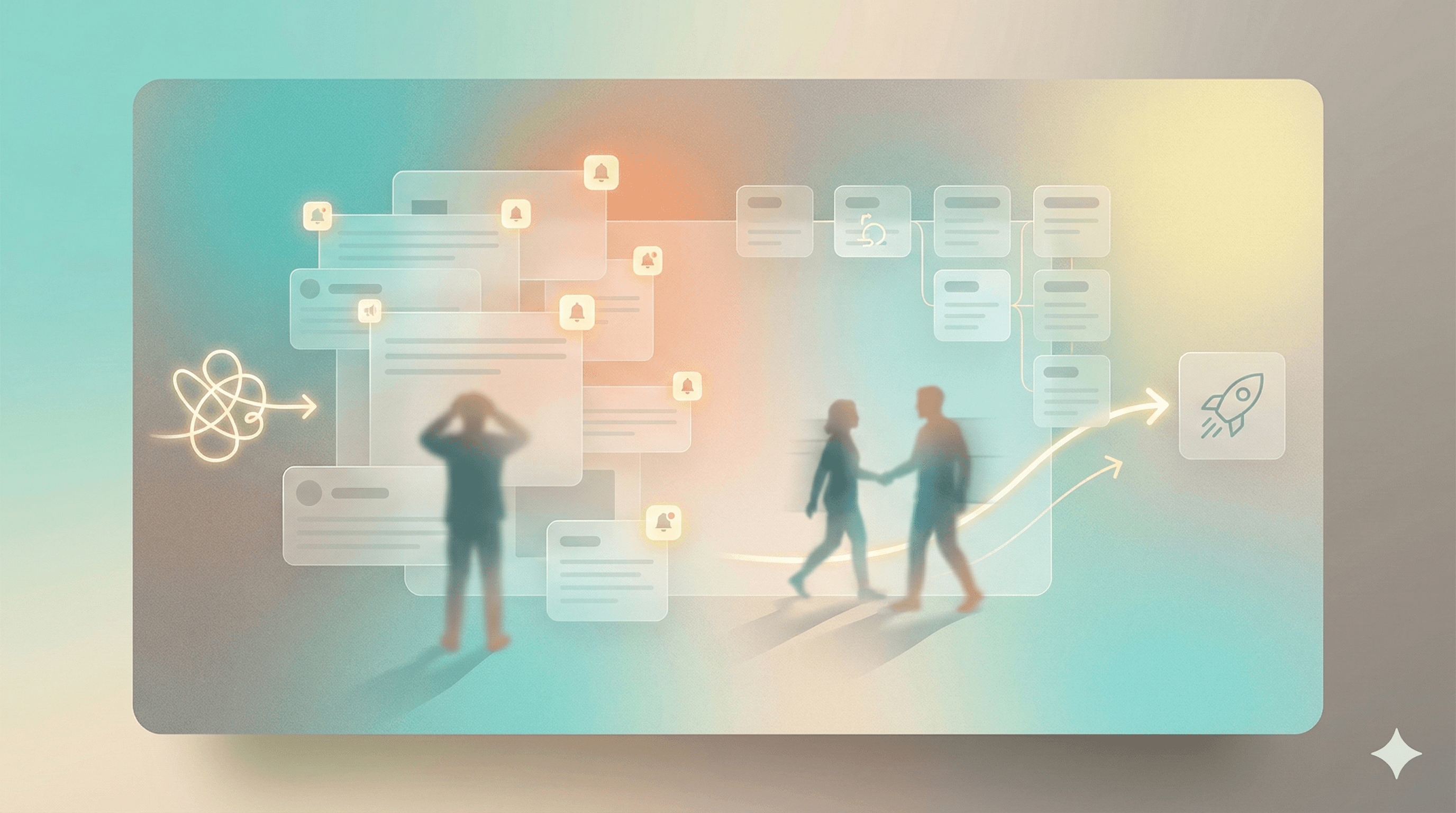 Una persona se agarra la cabeza frente a muchas notas de revisión, mientras un diagrama ordena el feedback por fases y flechas llevan hacia el lanzamiento de un sitio web.