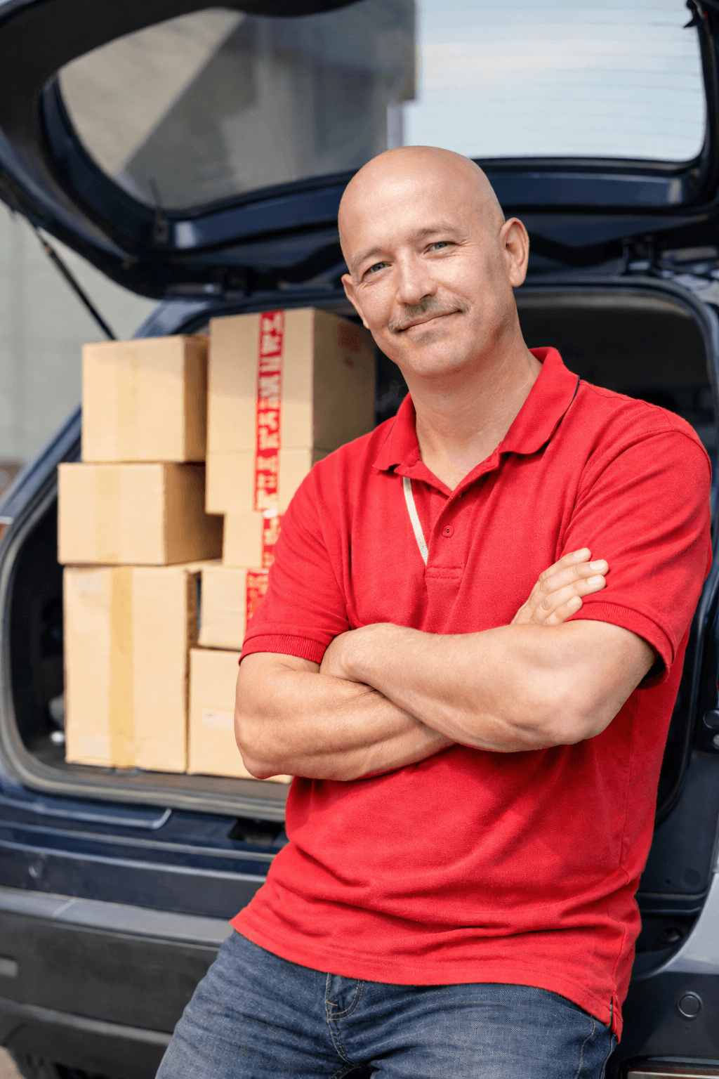 Man sitting in a car next toboxes