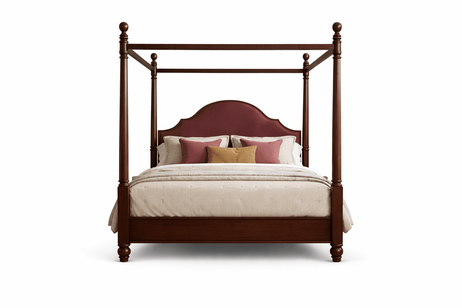 Four‑poster bed with curved wooden headboard and decorative top rail