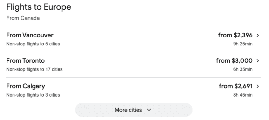 Flight options from Canada to Europe