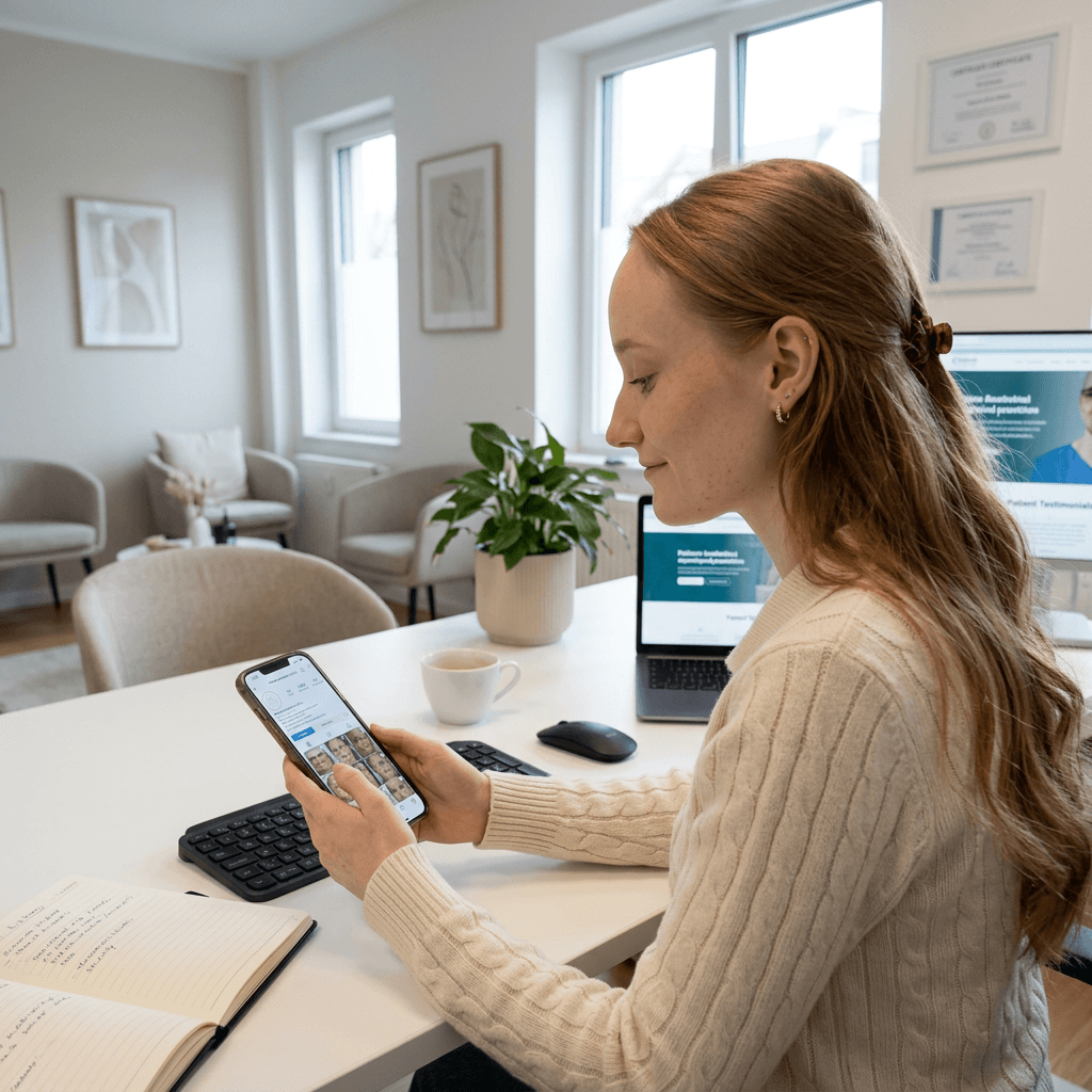 A woman in a teal dress sits in a dimly lit room, focused on her smartphone. A laptop and notepad are on the glass table, suggesting a working environment.