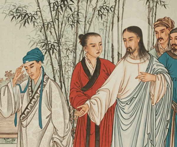 Traditional Chinese painting of jesus along side his deciples