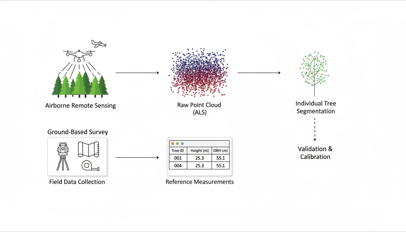 A scientific infographic illustrating a forest data analysis workflow, flat vector style on a clean white background. The diagram shows two process flows connected by thin black arrows. Top flow: a simple vector graphic of a drone and airplane performing laser scanning on a green forest, leading to a 3D render of a colorful forest point cloud with a red-to-blue thermal gradient, which then leads to a 3D render of a single tree as a sparse green point cloud. Bottom flow: a box with minimalist black line-art icons for survey equipment, a map, and a measuring tape, leading to a simple UI table element with placeholder data lines. The visual is technical, clean, and educational, with abstracted text labels for each stage.