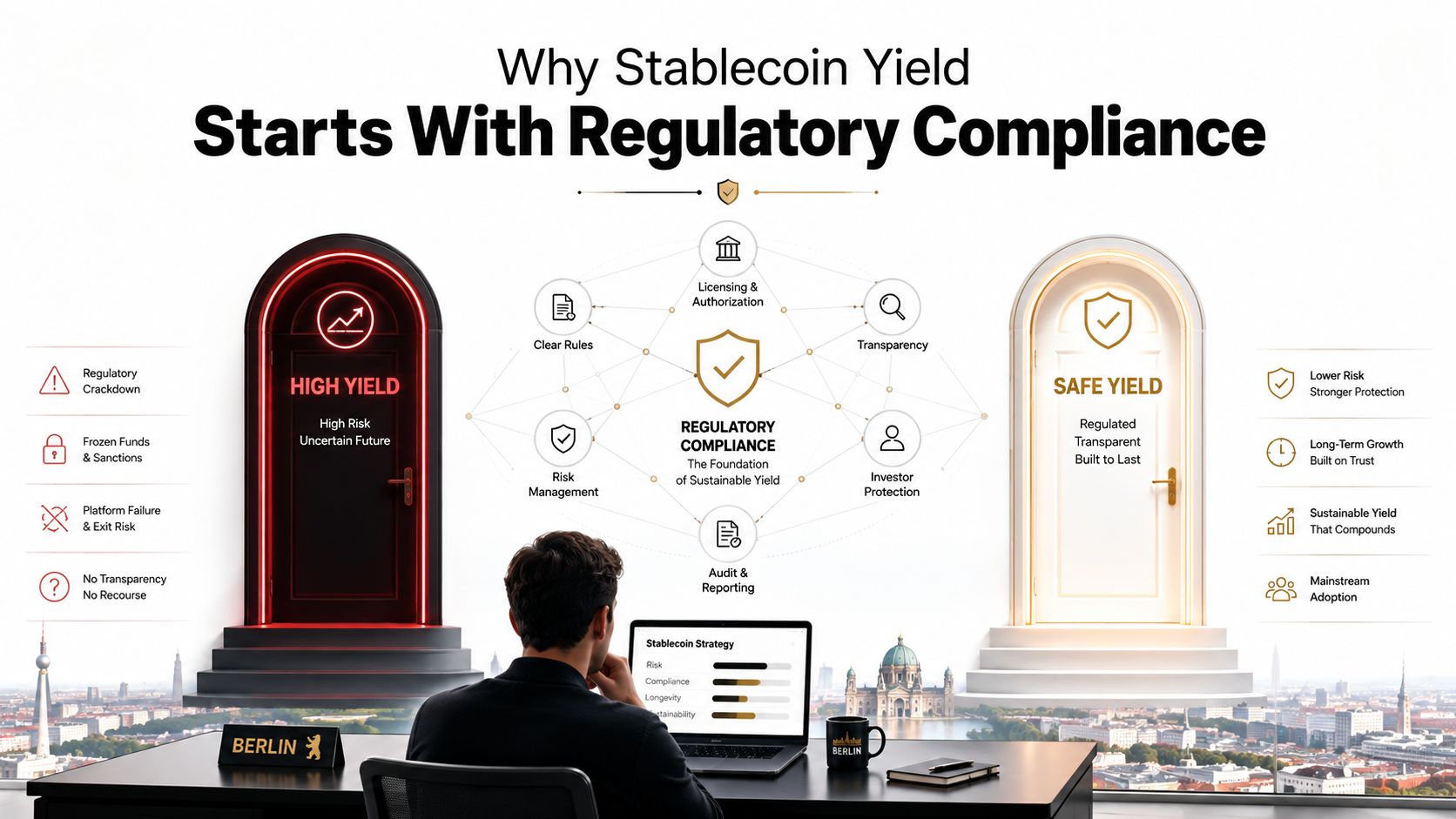 A person sitting at a desk viewing a conceptual visualization of high risk yield versus safe regulatory compliant yields.