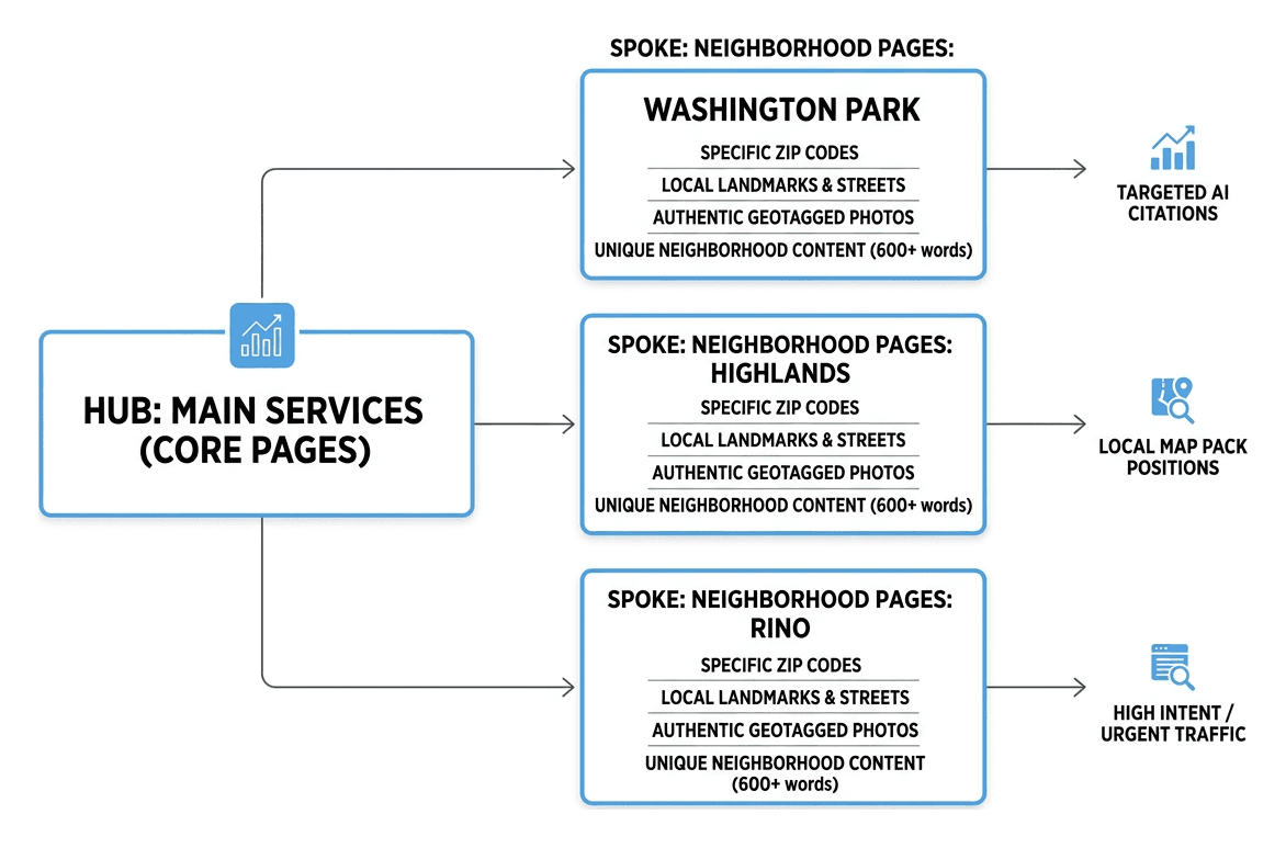 Hub and spoke architecture connecting main services to neighborhood pages