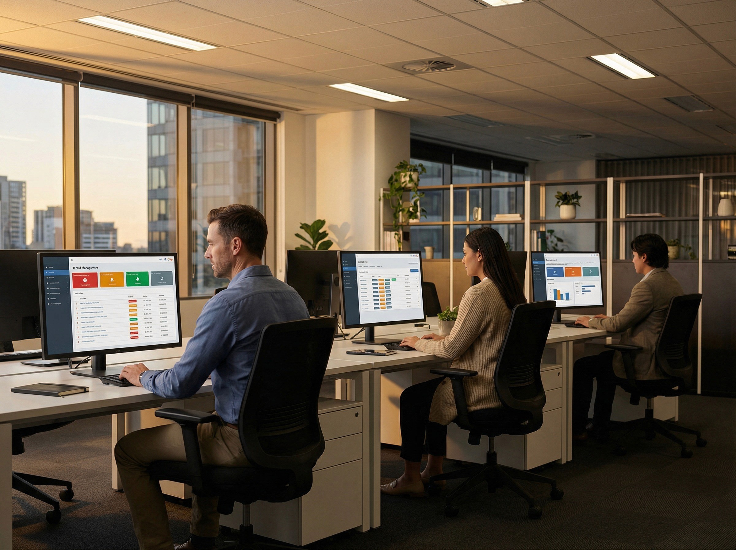 A wide, quiet shot of a modern office at the transitional moment between afternoon and evening — the overhead lights are still on but the window light has shifted to a warm, golden late-afternoon quality. Three workstations are visible in a loose diagonal across the frame, each belonging to a different function. The nearest desk has a monitor showing a survey-style interface with coloured hazard indicators. 