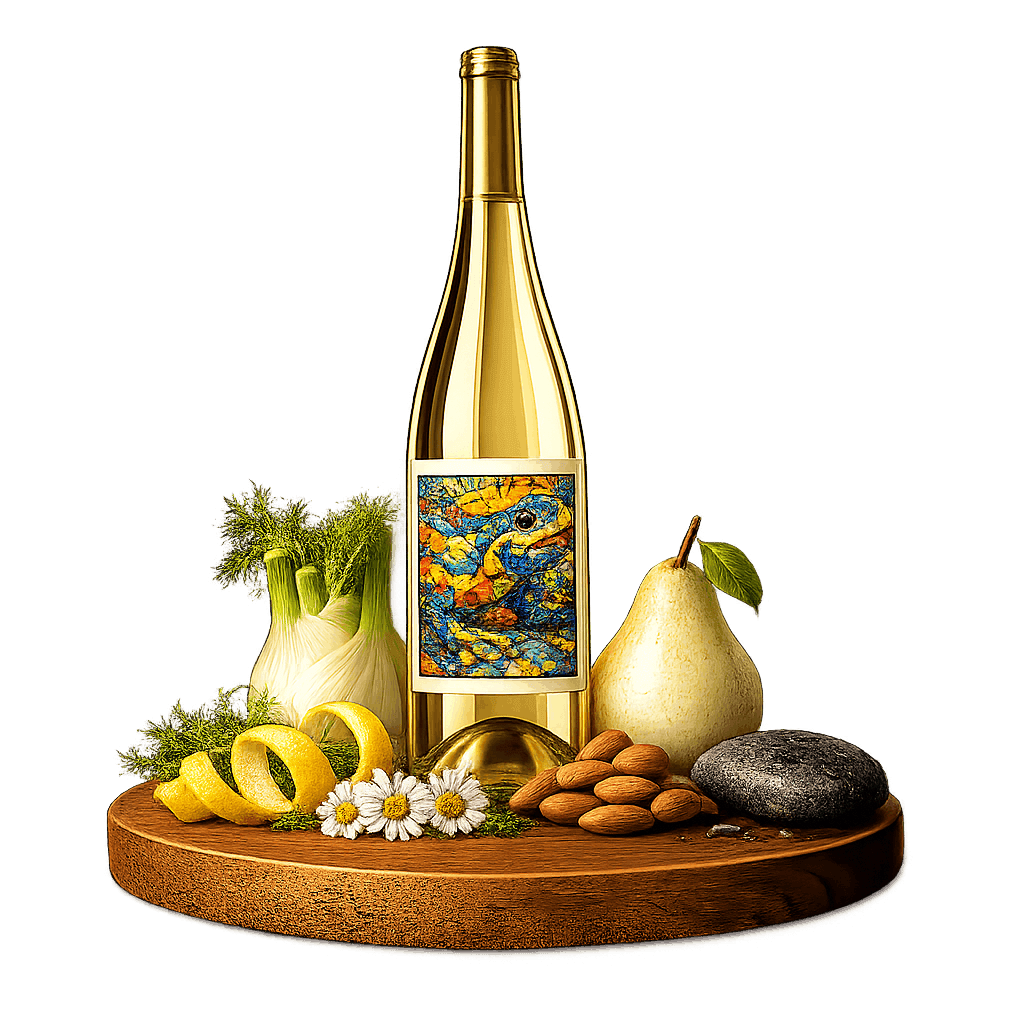 Artistic label and flavor profile for Catalonia Xarel·lo on a rustic wooden table.