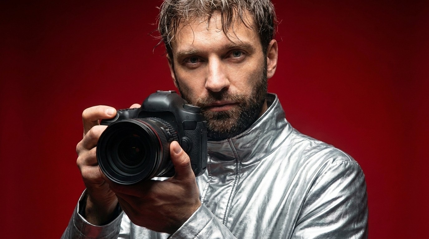 Commercial fashion photographer holding a camera against a red studio backdrop