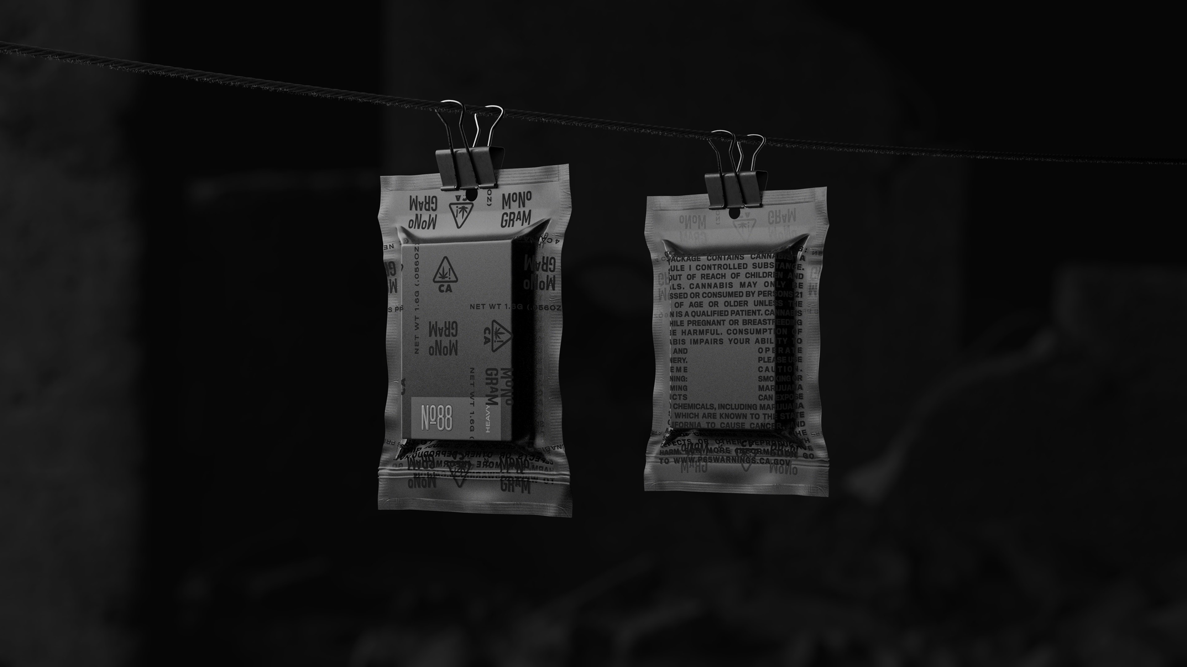 3D render showing the Monogram Wifey product hanging from clips in translucent plastic packaging