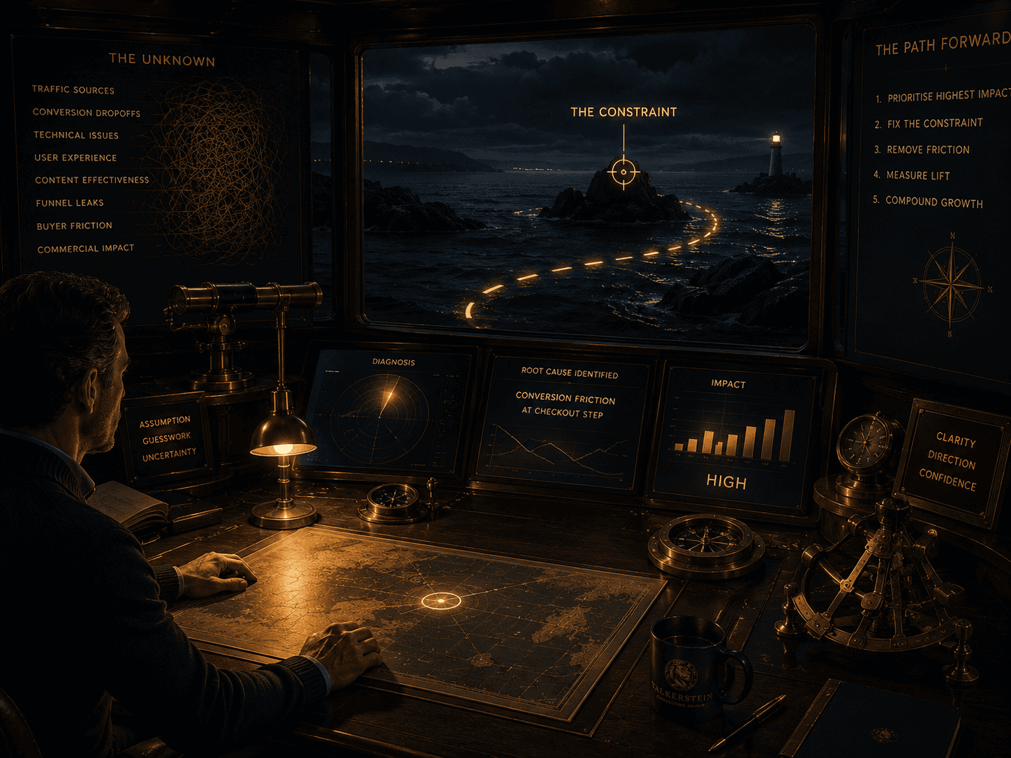 Maritime navigation room at night with a strategist studying charts and instruments while identifying a clear route through dark waters toward a lighthouse.