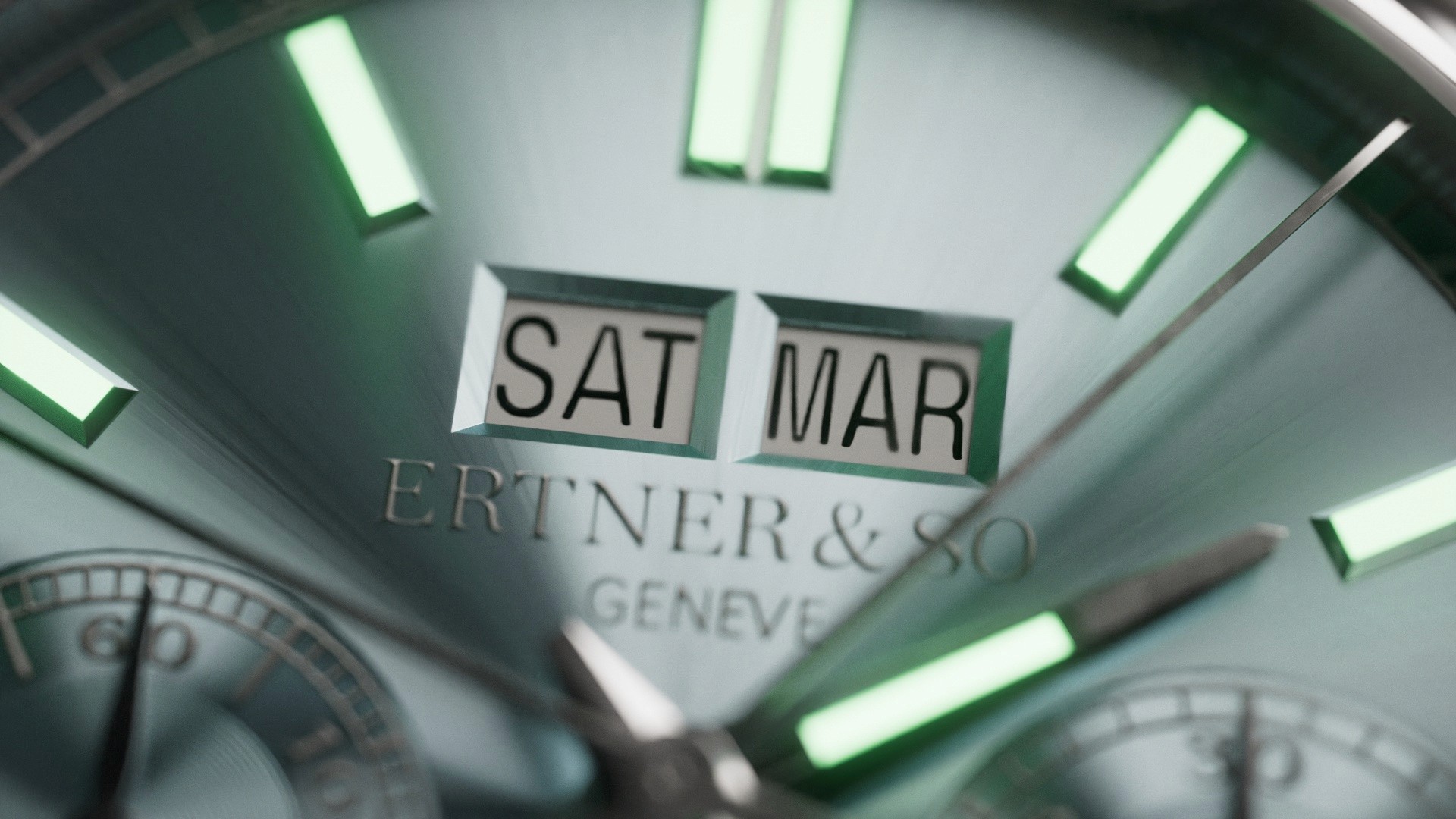 Nahaufnahme des gerenderten Uhrenzifferblatts mit sichtbaren Details der Stundenmarkierungen und Zeiger