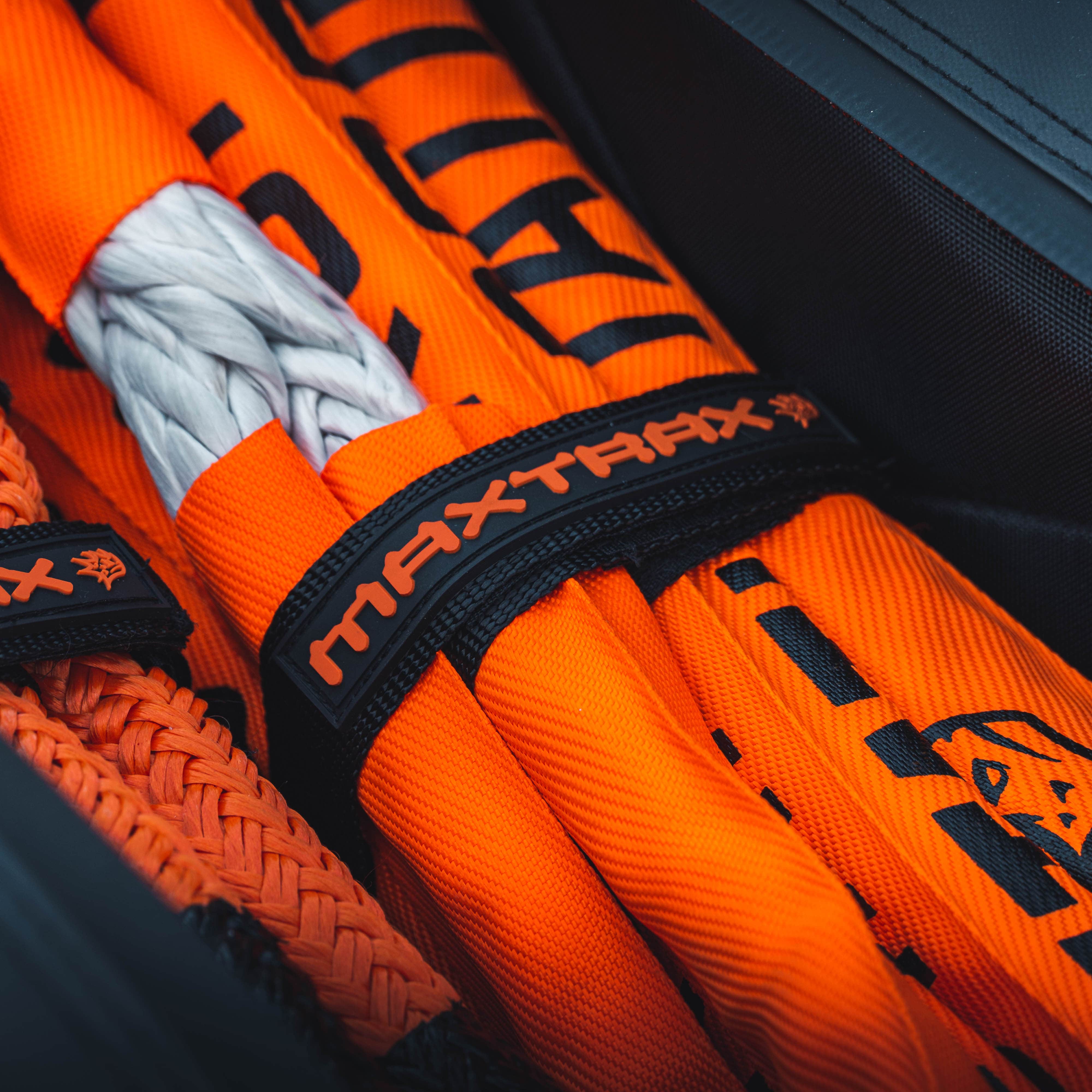 Branded close-up of MAXTRAX recovery ropes, styled for bold and high-impact product marketing content.