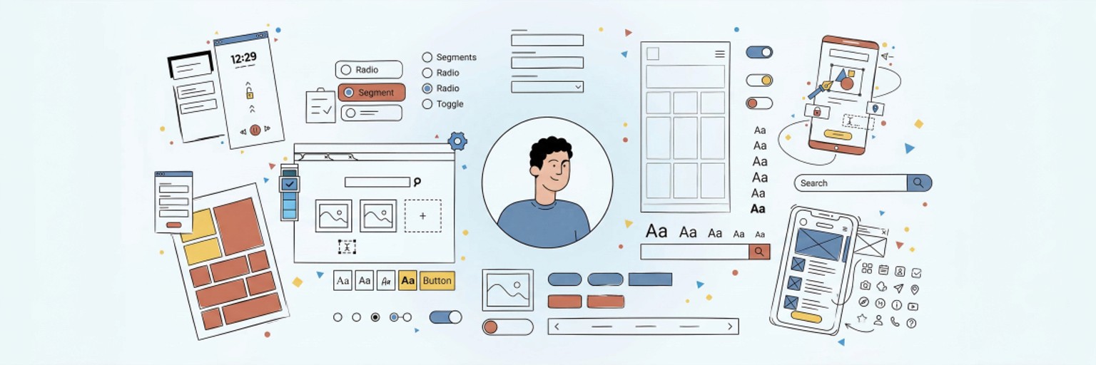 User-centric UI UX design illustration showing a human figure surrounded by wireframes, interface components, typography, and mobile app design elements — UI UX design services — Penguincil Design