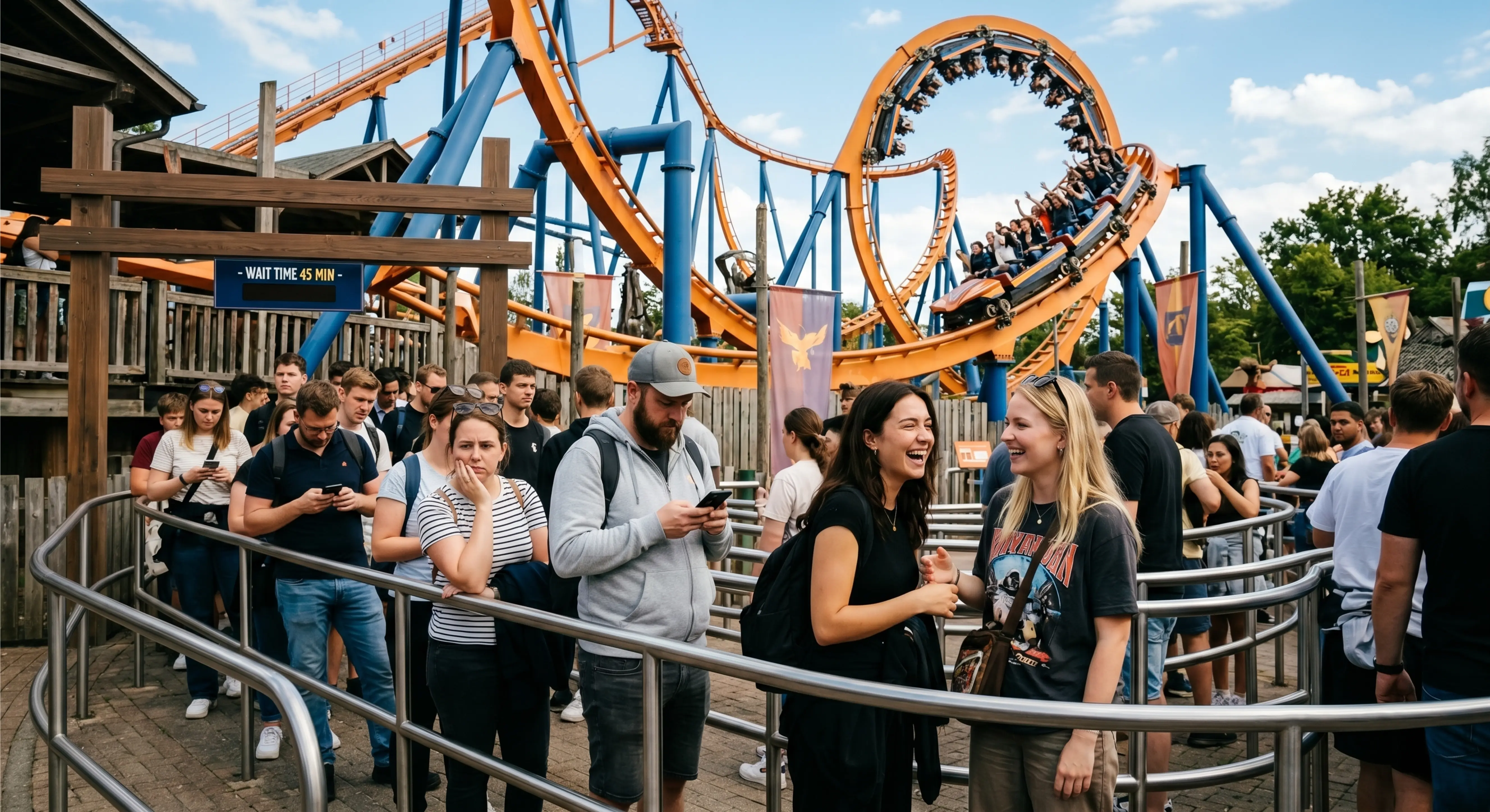 Zwei Frauen lachen gemeinsam in einer Warteschlange im Freizeitpark, während ein anderer Gast auf sein Handy schaut