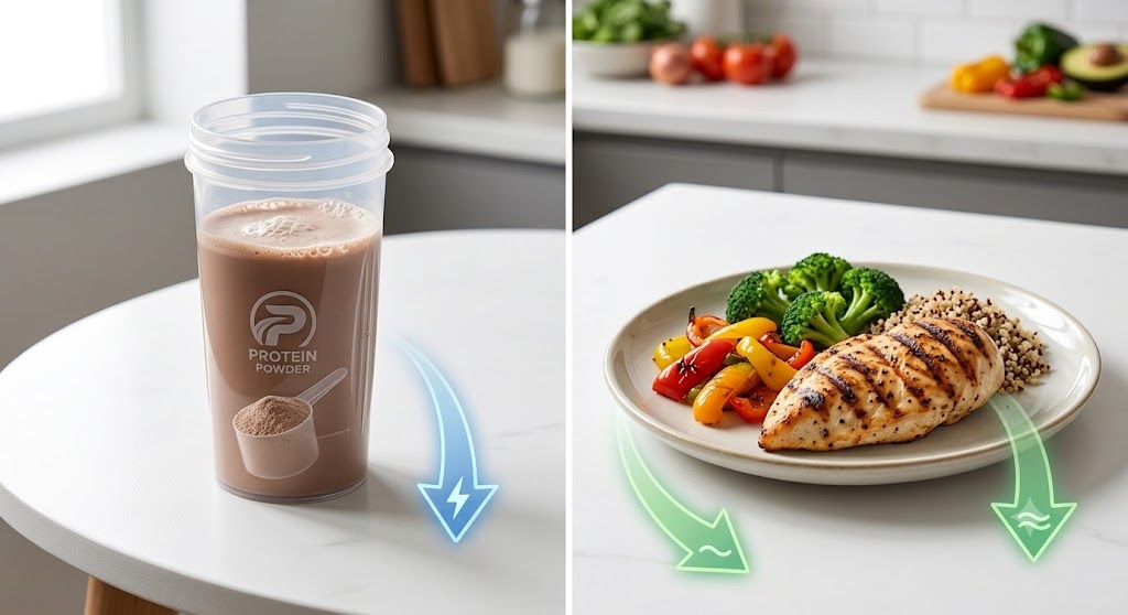 A side-by-side comparison illustrating differences in digestion speed between a protein shake and a whole meal. The left panel shows a transparent shaker bottle containing a chocolate whey protein shake; a blue arrow with a lightning bolt symbol points down, indicating fast digestion. The right panel shows a grilled chicken breast with vegetables (broccoli, bell peppers) and quinoa on a ceramic plate; two green arrows with slow wave symbols point down, indicating slower, sustained digestion. Both items are set on a modern, sunlit white kitchen counter.