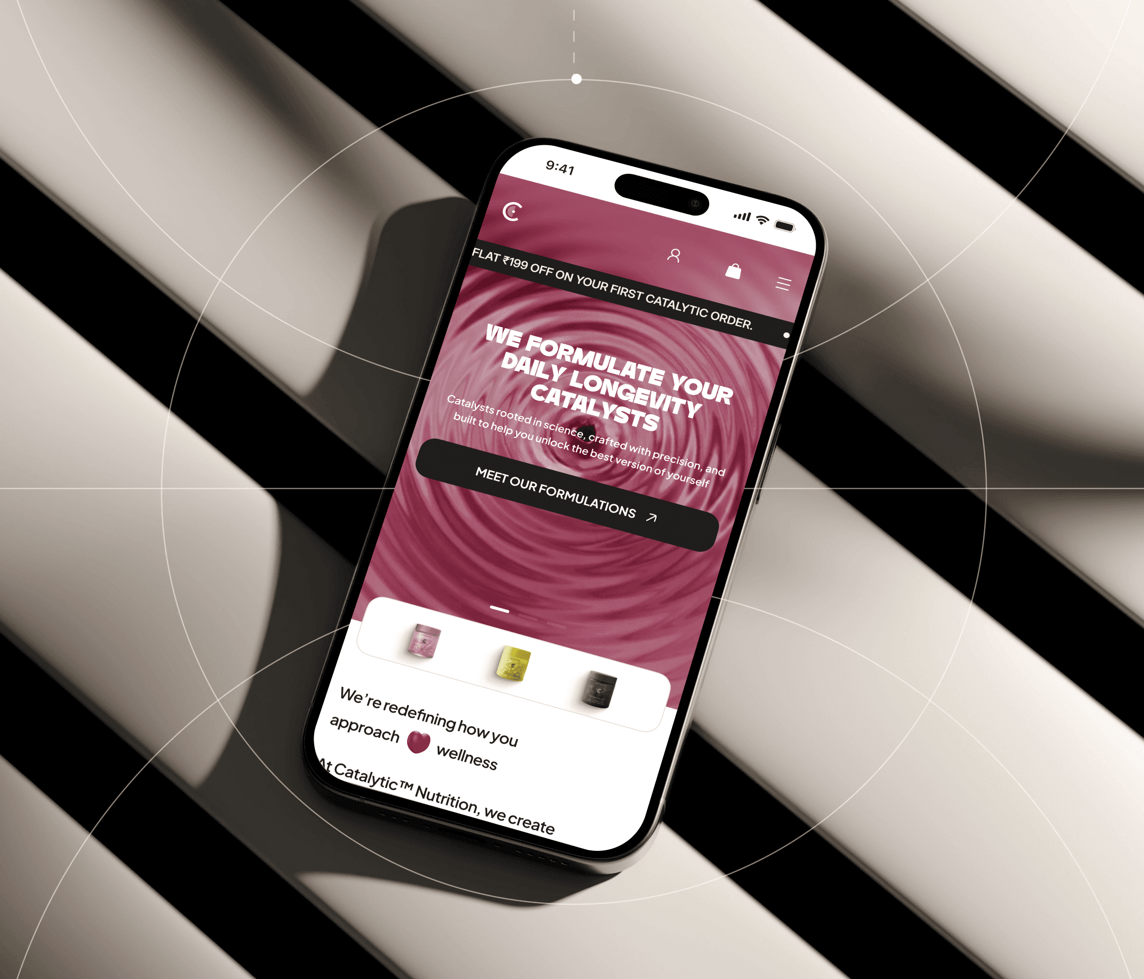 Catalytic Nutrition mobile website showcasing daily longevity supplements