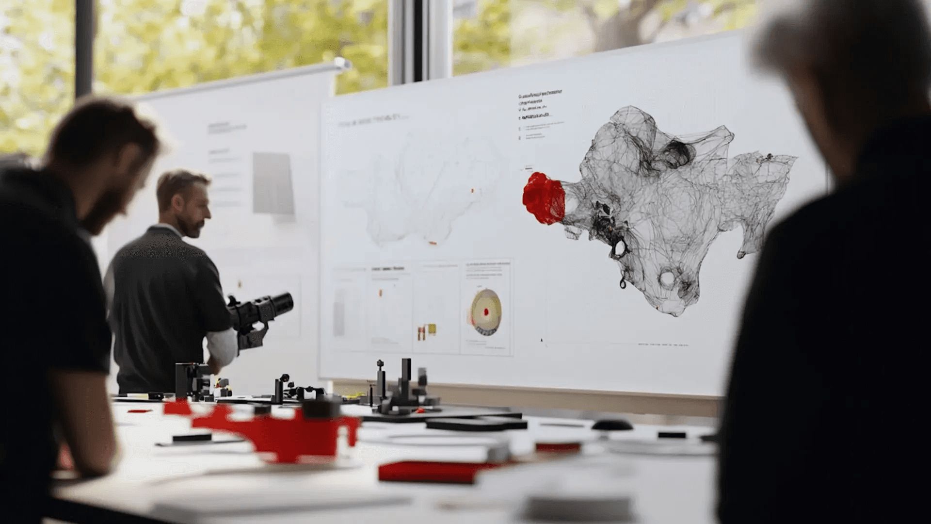 Team reviewing engineering diagrams on large display in workshop