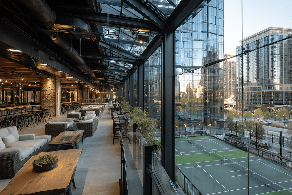 Indoor view of a giant glass window overlooking the city and courts
