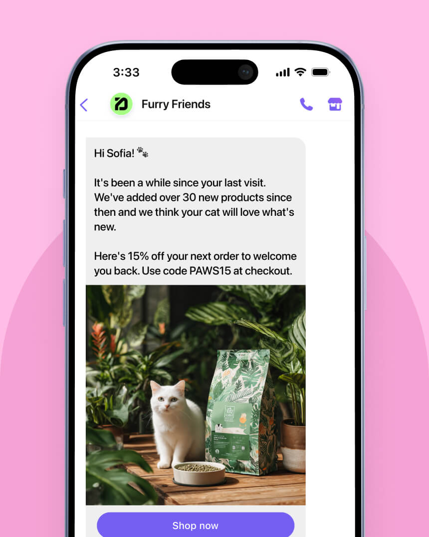 Viber messaging campaign showcasing a personalized message that aims to help a fashion e-commerce store recover abandoned carts.