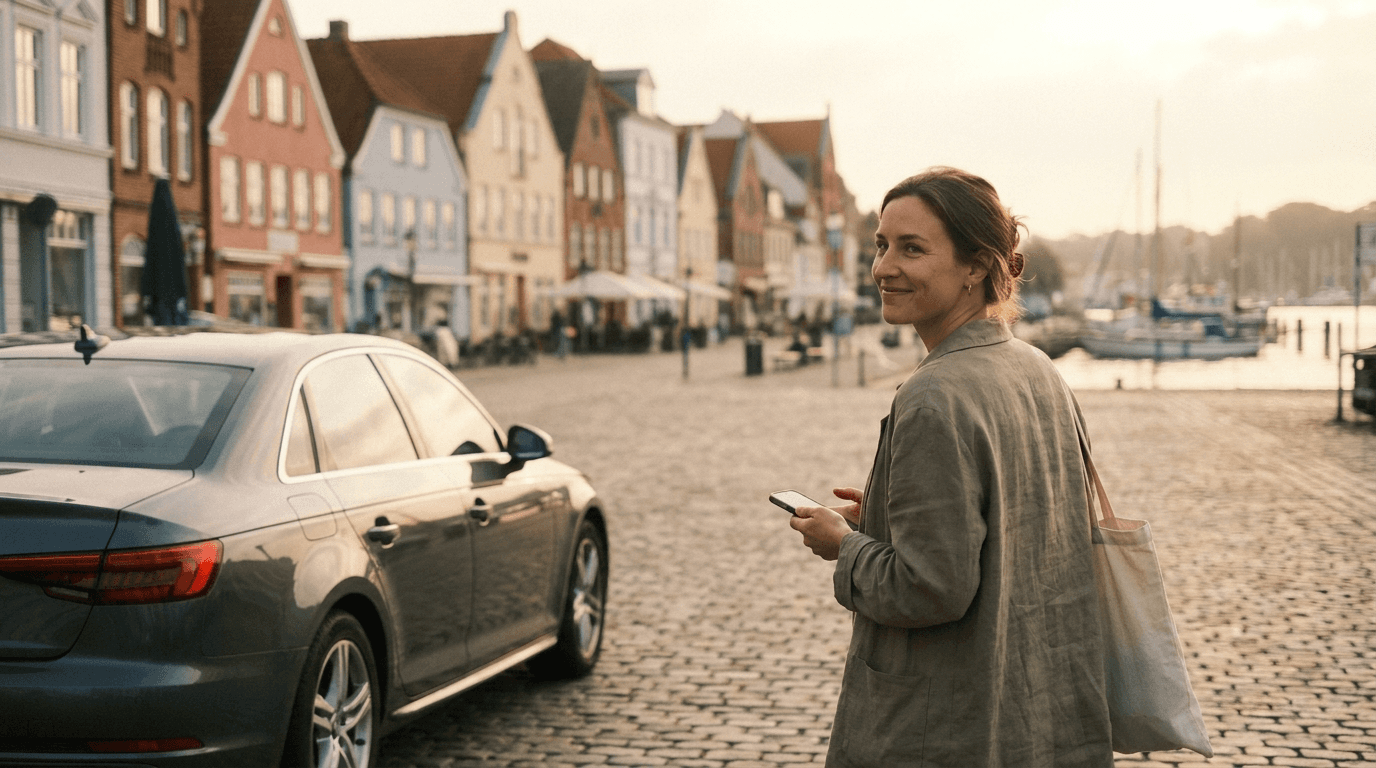 two people looking at a tablet and smiling