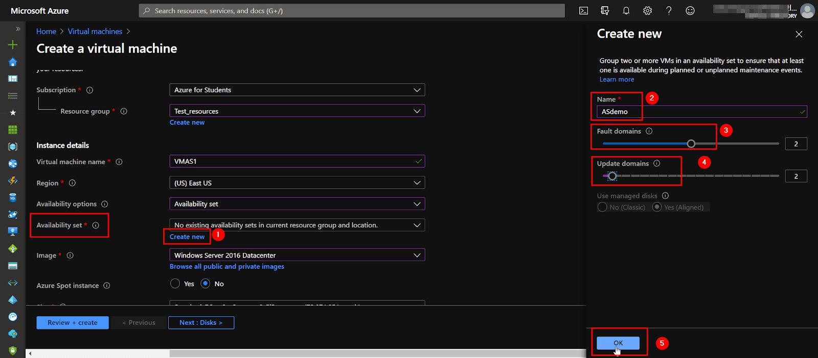 Azure portal availability set configuration showing fault and update domain settings