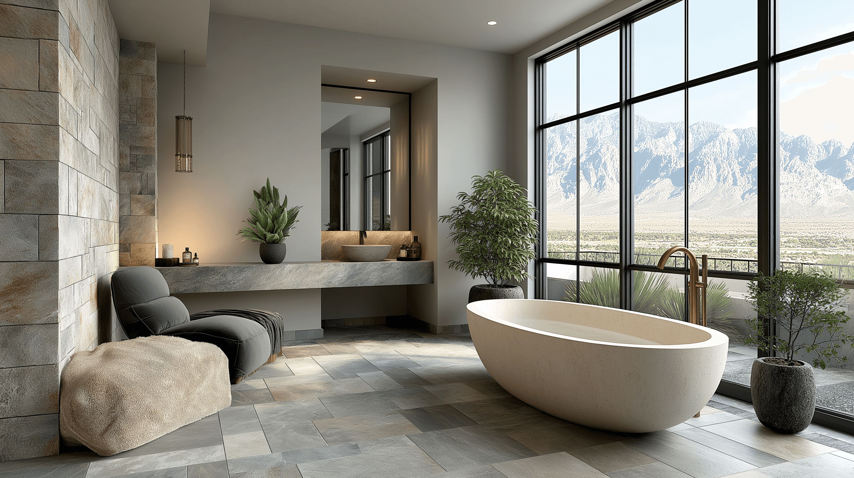 Spacious luxury bathroom with stone tile walls, a freestanding soaking tub, a lounge chair, and floor-to-ceiling windows framing a stunning desert mountain range.
