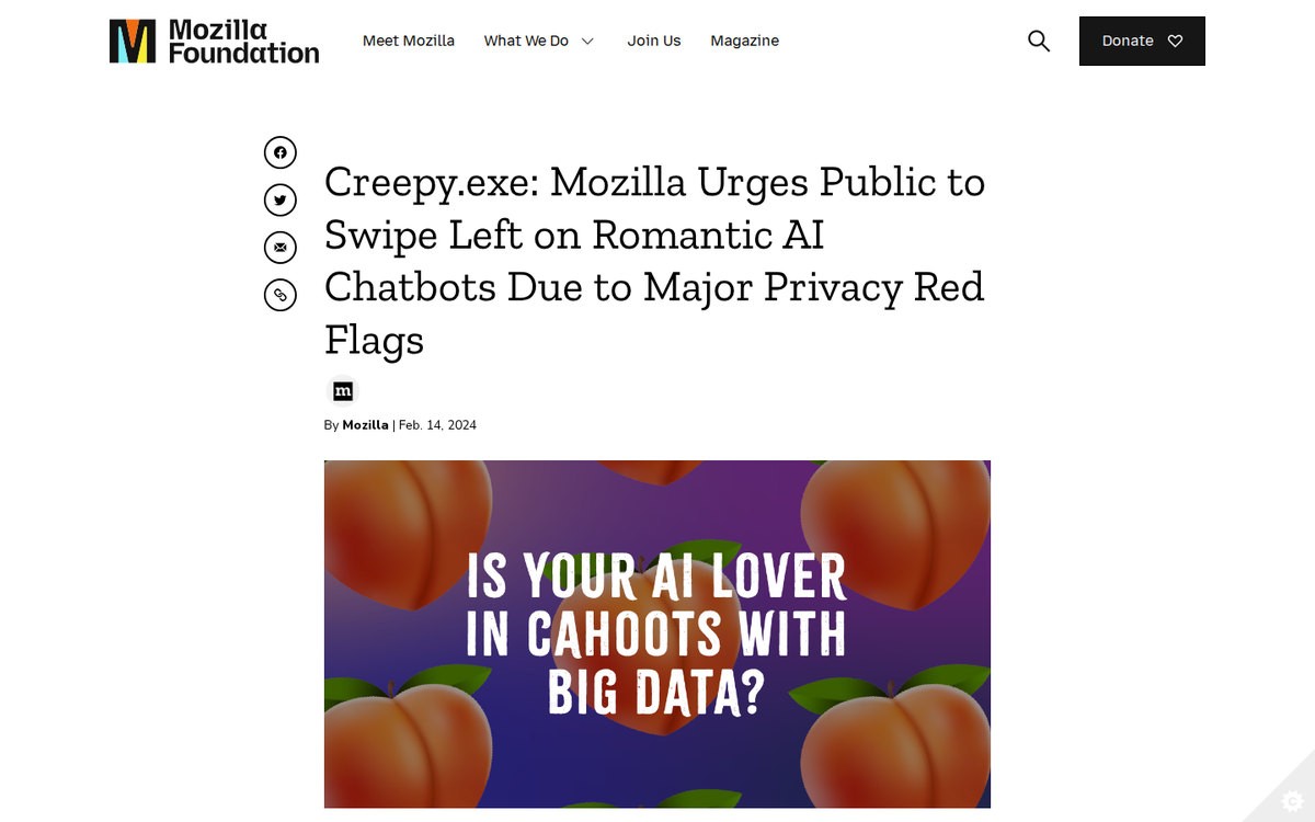 Mozilla’s February 2024 announcement that all 11 romantic chatbots it reviewed, including CrushOn.AI and Chai, earned its privacy warning label, as displayed in September 2026.