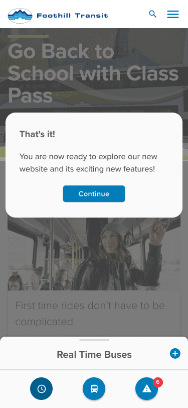 Foothilltransit.org mobile site modal letting the user know they have completed onboaring