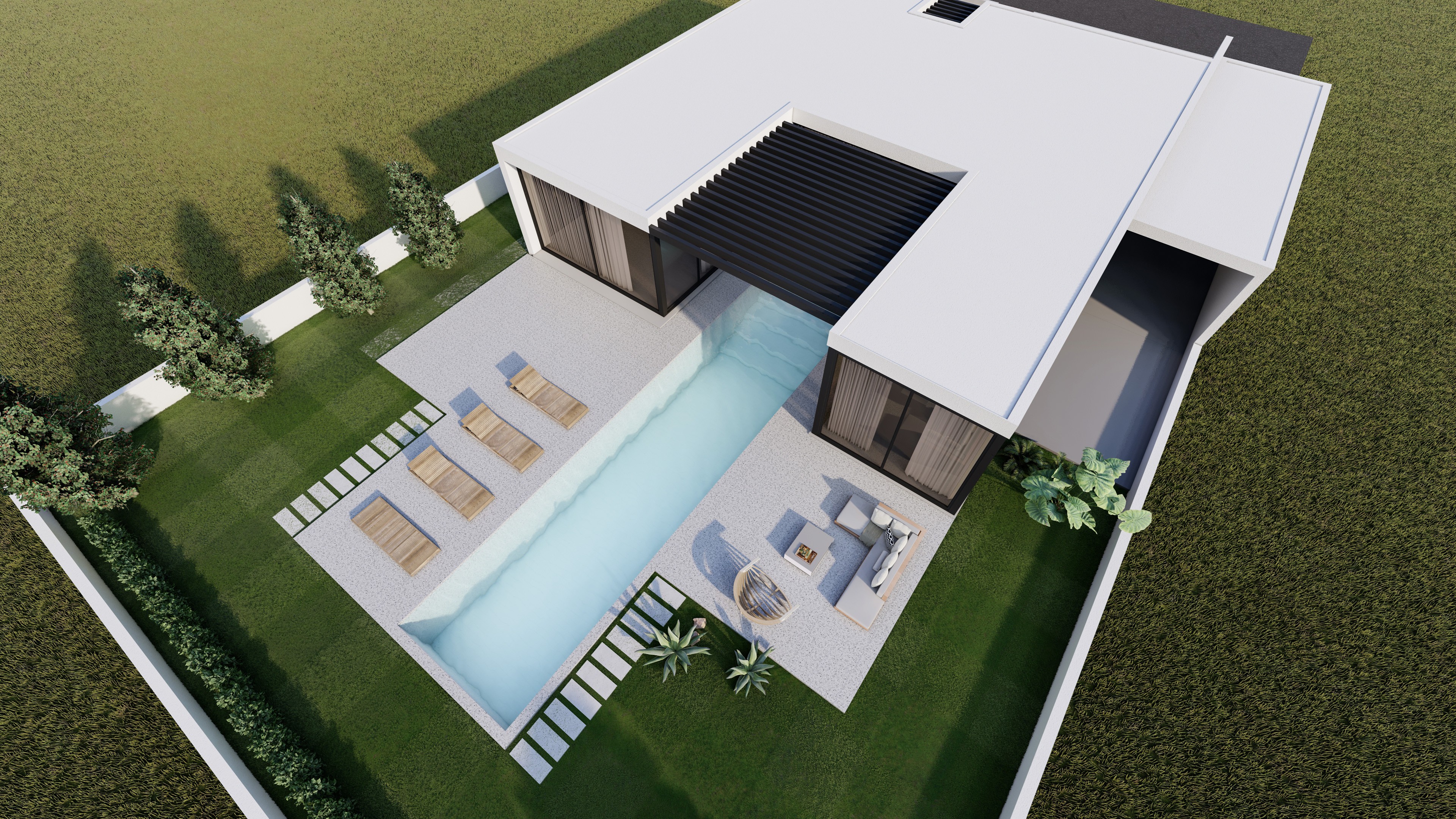 topos design studio - Architectural perspective of a minimalist private residence with a central lap pool axis, Nicosia, Cyprus