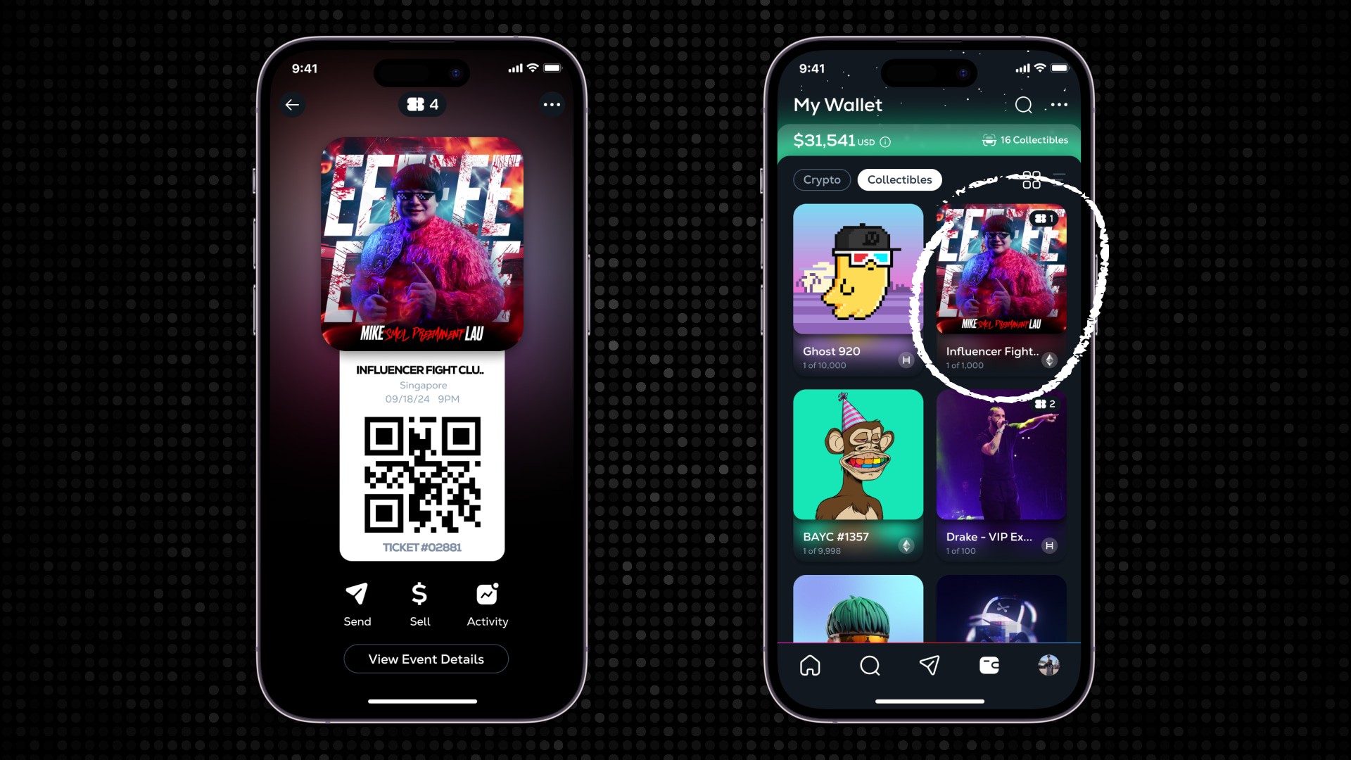 Post-purchase NFT ticket delivery experience in the Calaxy app, showing influencer confirmation message and owned digital ticket within a closed-loop wallet ecosystem.